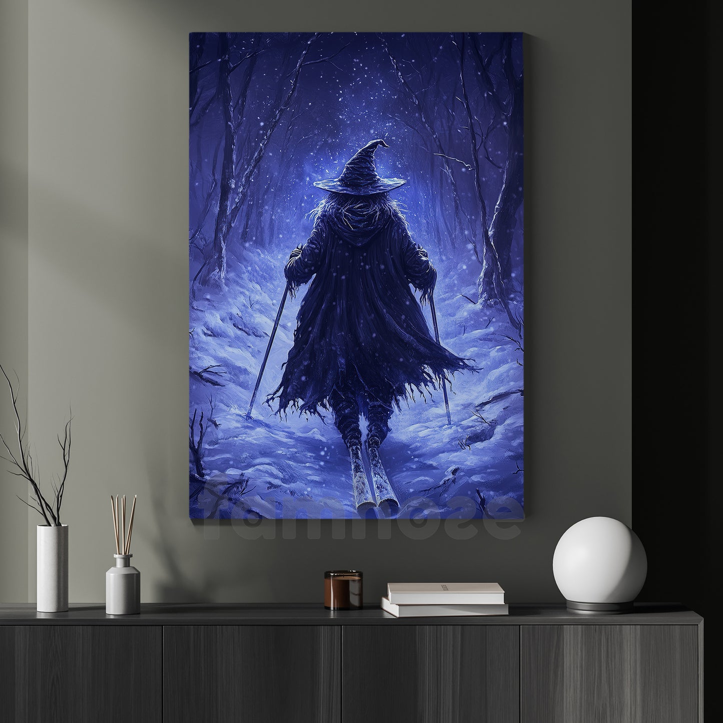 Halloween Skiing Witch Canvas Painting, Frozen Enchantress Wall Art Decor, Spooky Season Poster Gift For Skiing Lovers