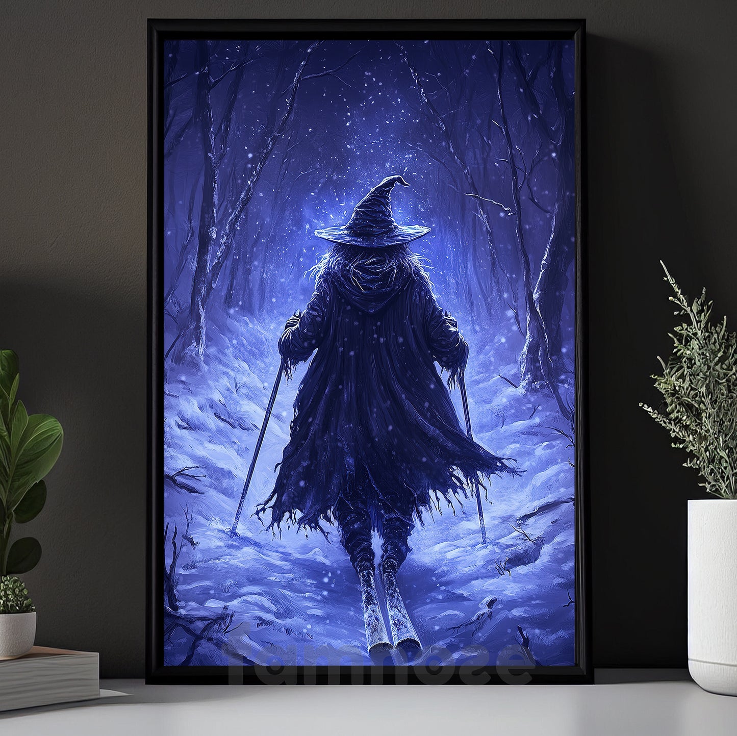 Halloween Skiing Witch Canvas Painting, Frozen Enchantress Wall Art Decor, Spooky Season Poster Gift For Skiing Lovers