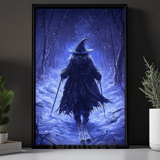 Halloween Skiing Witch Canvas Painting, Frozen Enchantress Wall Art Decor, Spooky Season Poster Gift For Skiing Lovers
