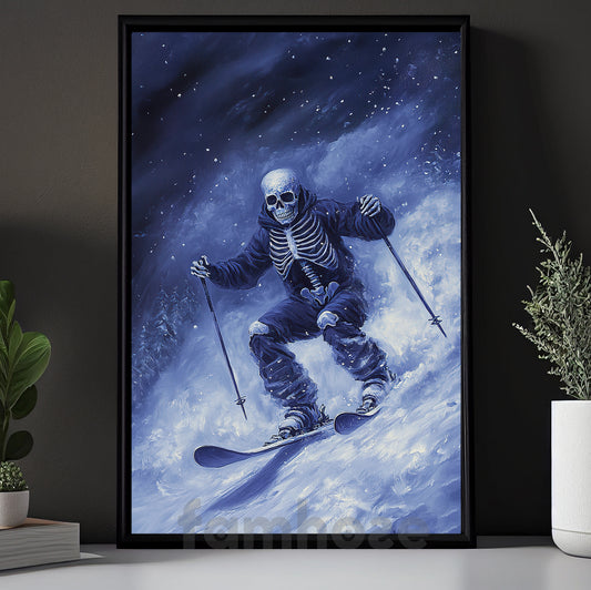 Halloween Skiing Skeleton Canvas Painting, Spooky Ski Skeleton Wall Art Decor, Spooky Season Poster Gift For Skiing Lovers