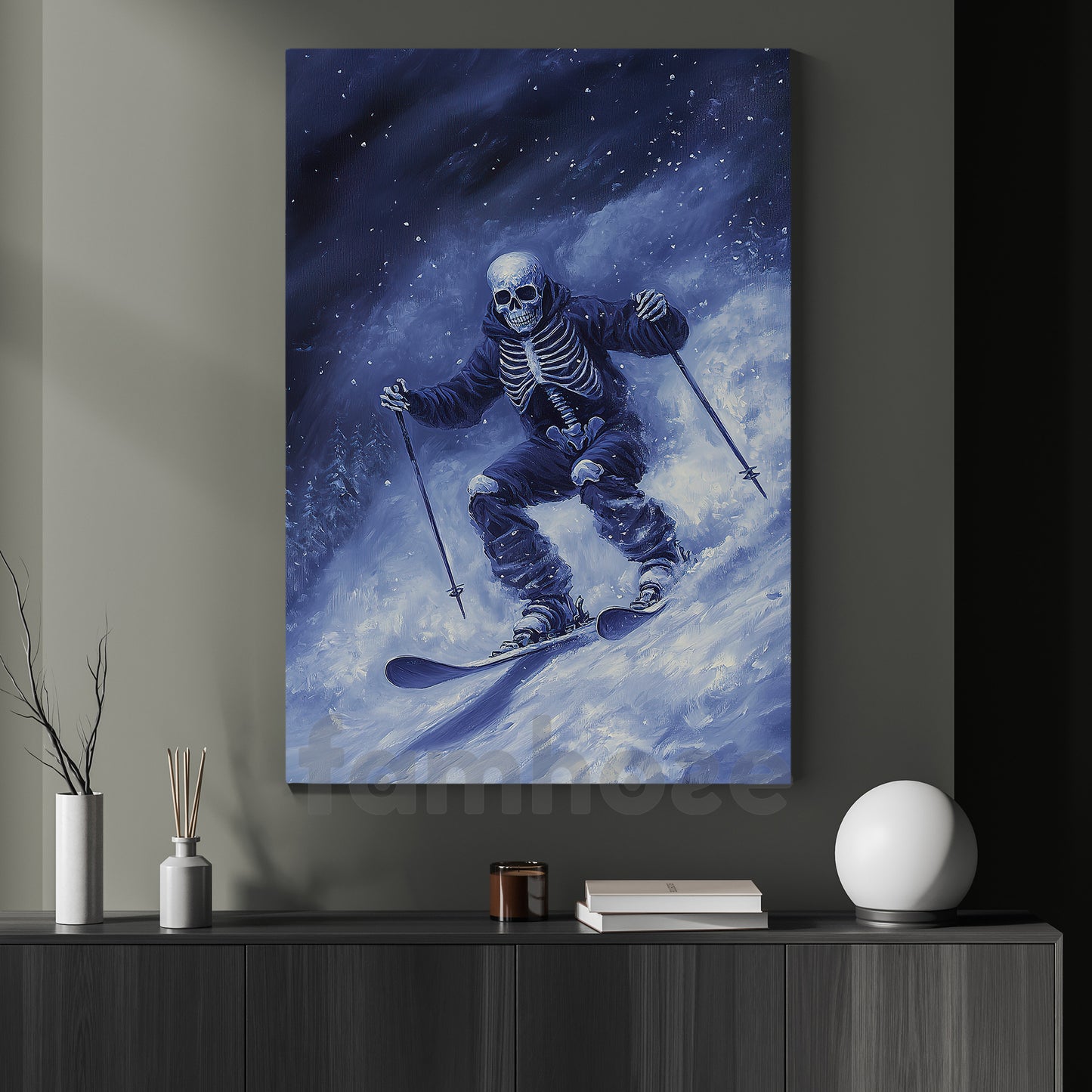 Halloween Skiing Skeleton Canvas Painting, Spooky Ski Skeleton Wall Art Decor, Spooky Season Poster Gift For Skiing Lovers