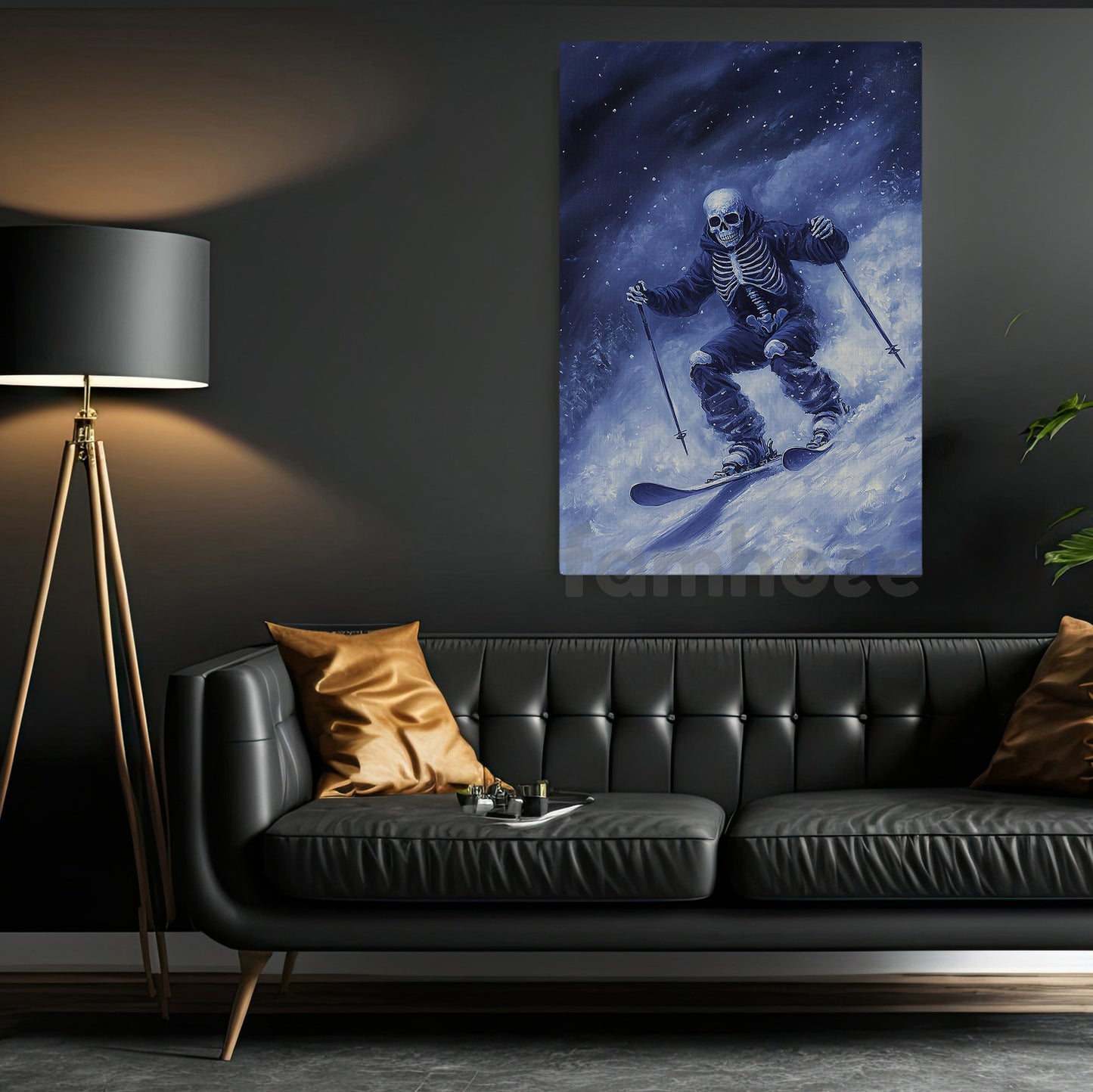 Halloween Skiing Skeleton Canvas Painting, Spooky Ski Skeleton Wall Art Decor, Spooky Season Poster Gift For Skiing Lovers