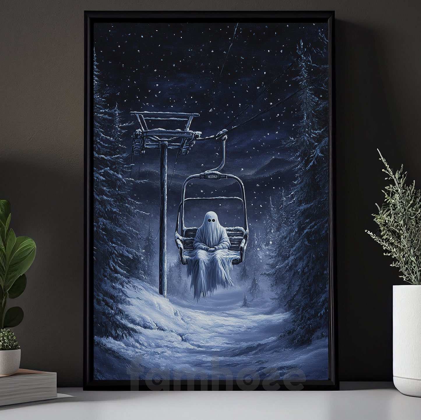 Halloween Ghost Canvas Painting, Lonely Ghost On Ski Lift Wall Art Decor, Spooky Season Poster Gift For Ghost Lovers