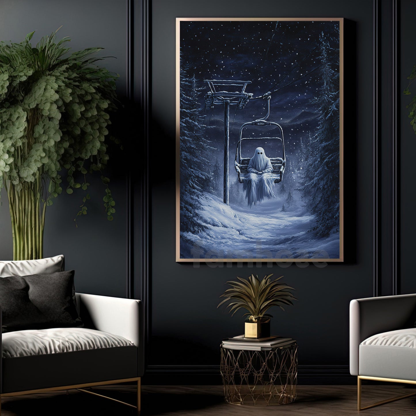Halloween Ghost Canvas Painting, Lonely Ghost On Ski Lift Wall Art Decor, Spooky Season Poster Gift For Ghost Lovers