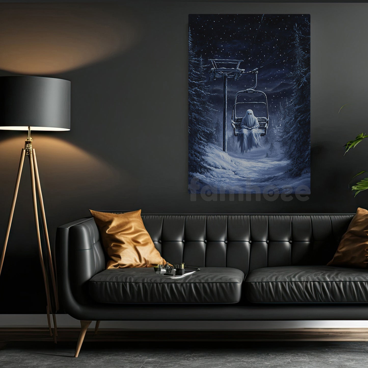 Halloween Ghost Canvas Painting, Lonely Ghost On Ski Lift Wall Art Decor, Spooky Season Poster Gift For Ghost Lovers