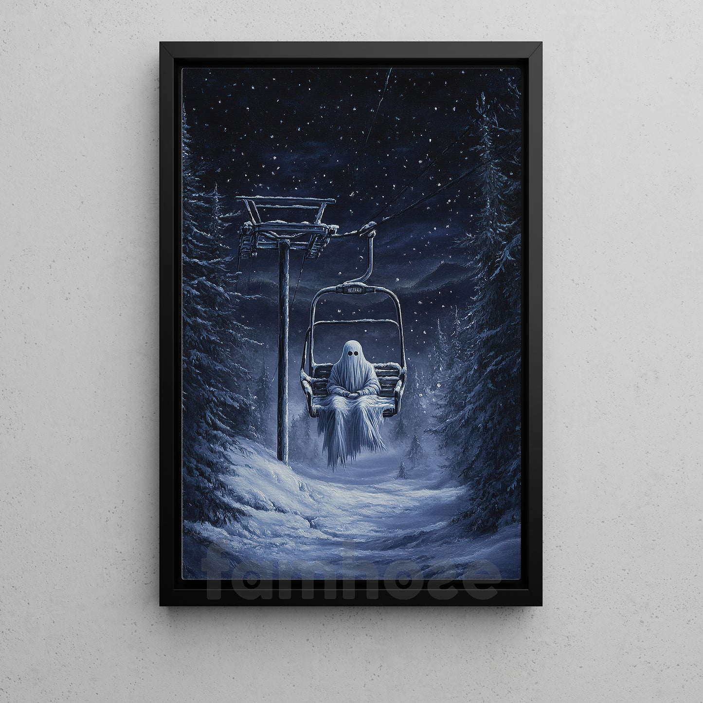 Halloween Ghost Canvas Painting, Lonely Ghost On Ski Lift Wall Art Decor, Spooky Season Poster Gift For Ghost Lovers