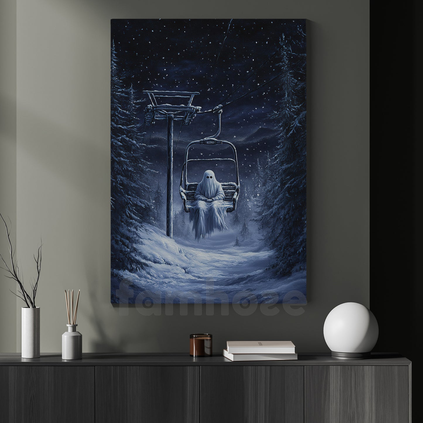 Halloween Ghost Canvas Painting, Lonely Ghost On Ski Lift Wall Art Decor, Spooky Season Poster Gift For Ghost Lovers