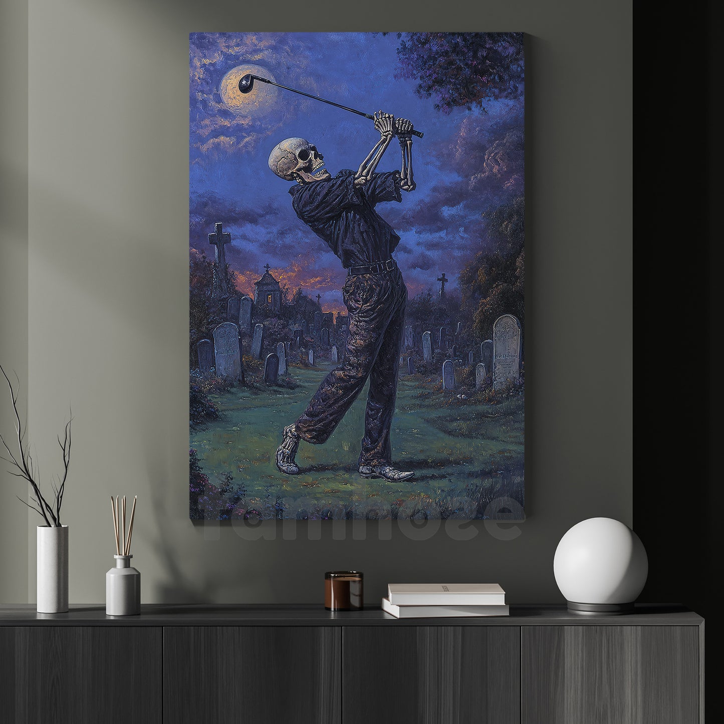 Halloween Golf Skeleton Canvas Painting, Spooky Graveyard Golf Wall Art Decor, Spooky Season Poster Gift For Golf Lovers