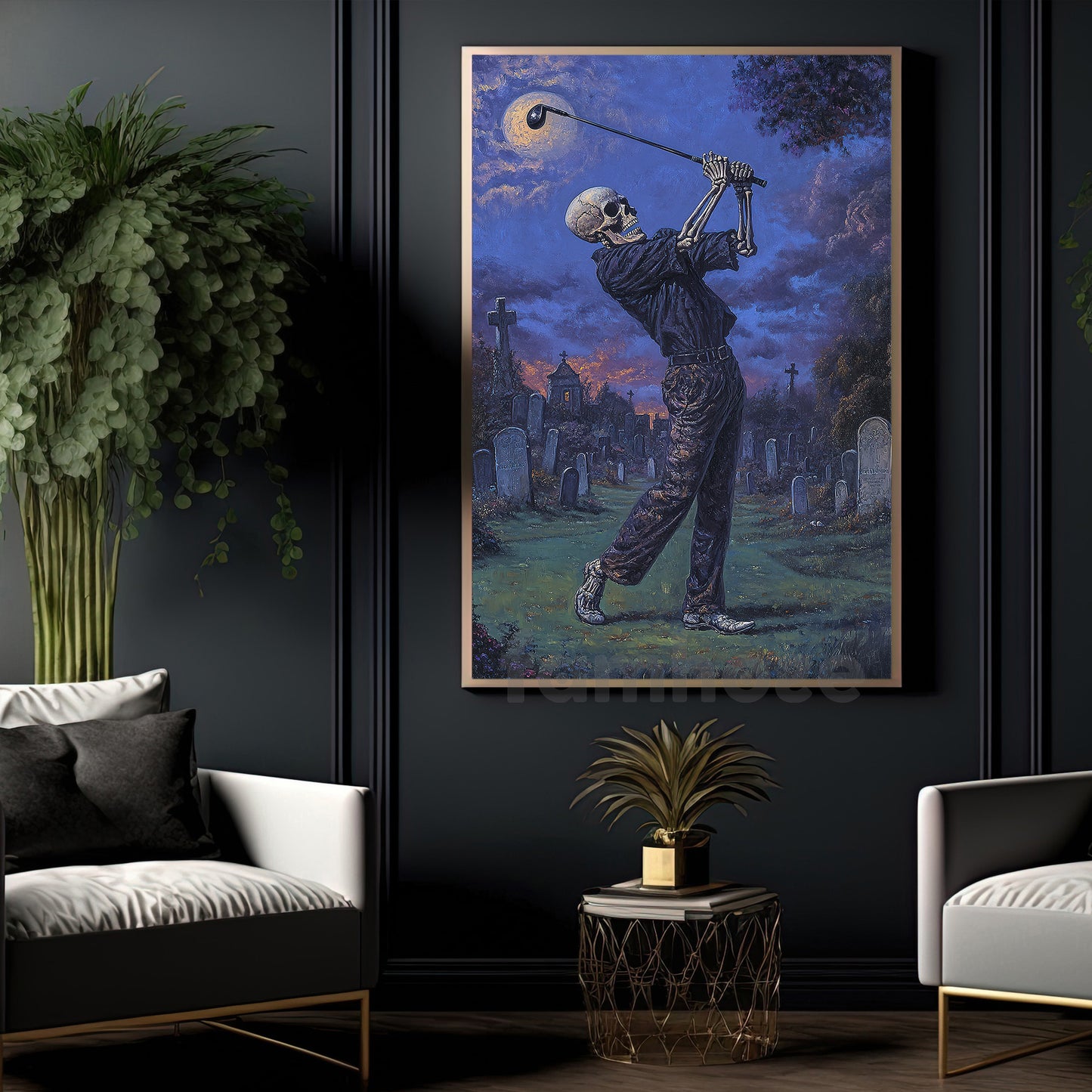 Halloween Golf Skeleton Canvas Painting, Spooky Graveyard Golf Wall Art Decor, Spooky Season Poster Gift For Golf Lovers