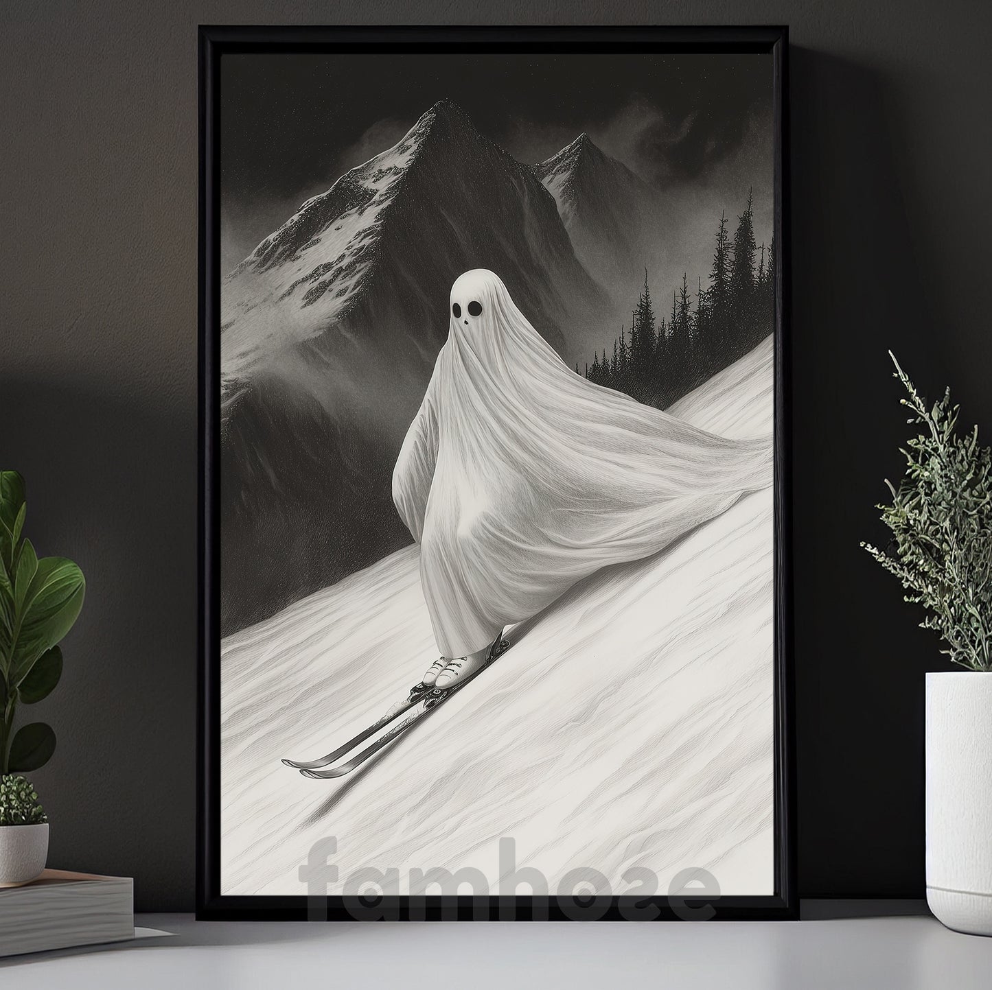 Halloween Skiing Ghost Canvas Painting, Phantom Descent Wall Art Decor, Spooky Season Poster Gift For Skiing Lovers