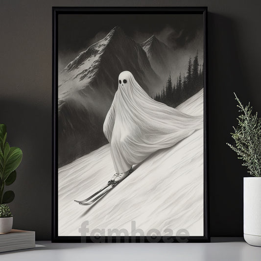 Halloween Skiing Ghost Canvas Painting, Phantom Descent Wall Art Decor, Spooky Season Poster Gift For Skiing Lovers
