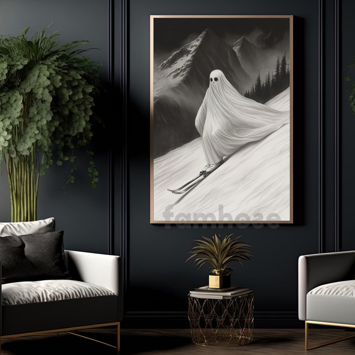 Halloween Skiing Ghost Canvas Painting, Phantom Descent Wall Art Decor, Spooky Season Poster Gift For Skiing Lovers