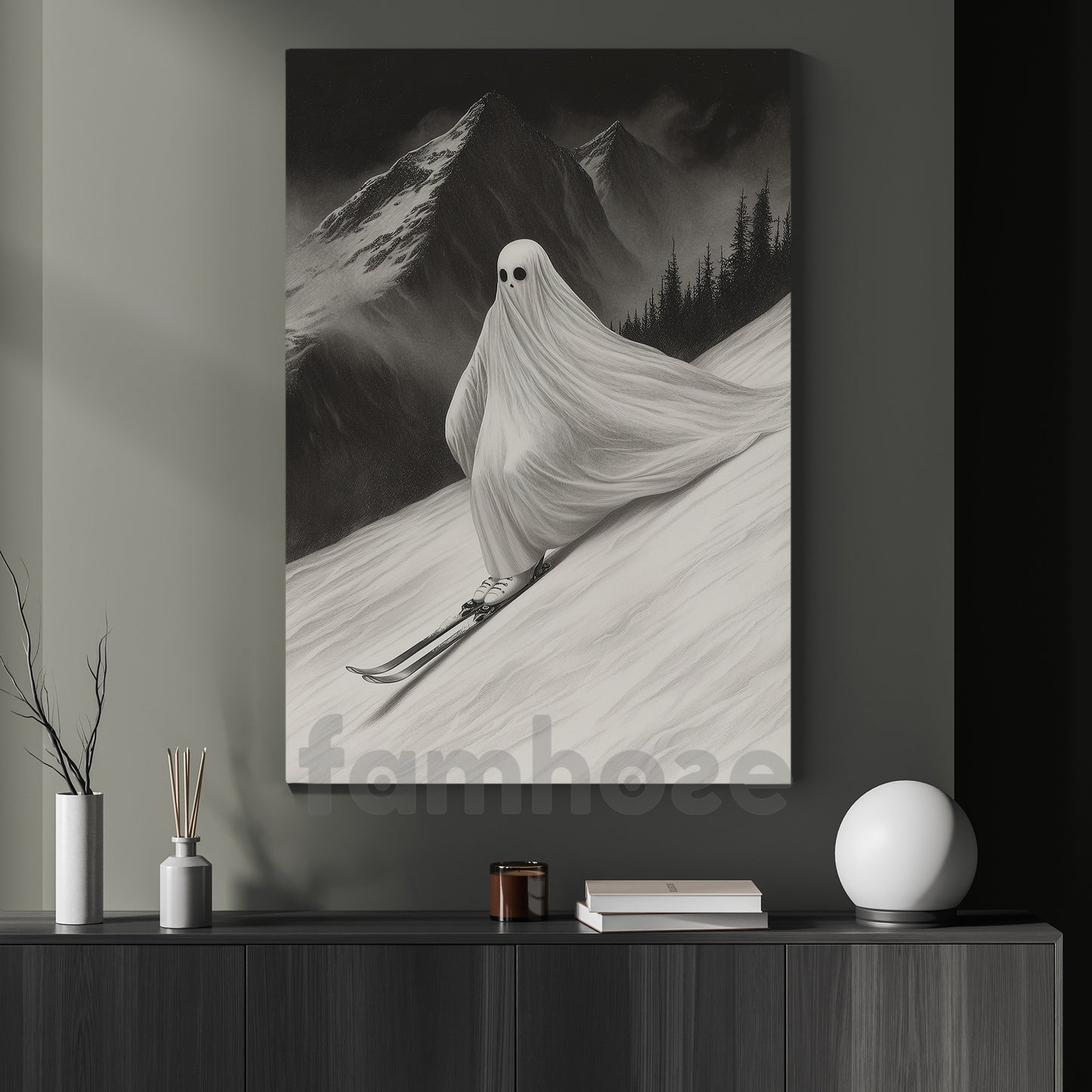 Halloween Skiing Ghost Canvas Painting, Phantom Descent Wall Art Decor, Spooky Season Poster Gift For Skiing Lovers