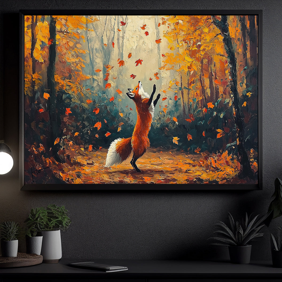 Whimsical Autumn Fox Canvas Painting, Dancing Fox In Fall Forest Wall Art Decor, Poster Gift For Fox Lovers
