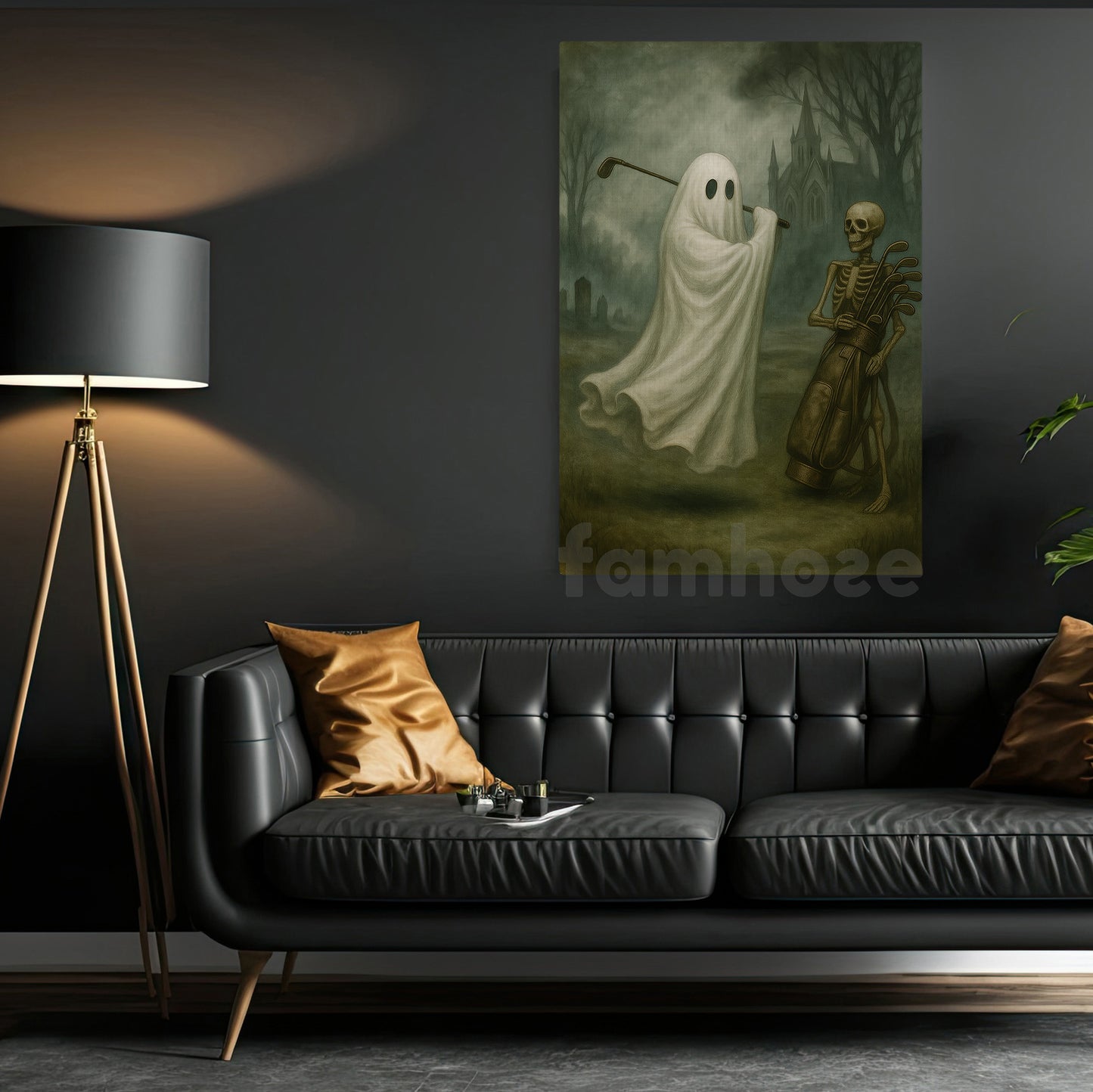 Halloween Golf Ghost Skeleton Canvas Painting, Skeleton Caddy Wall Art Decor, Spooky Season Poster Gift For Golf Lovers
