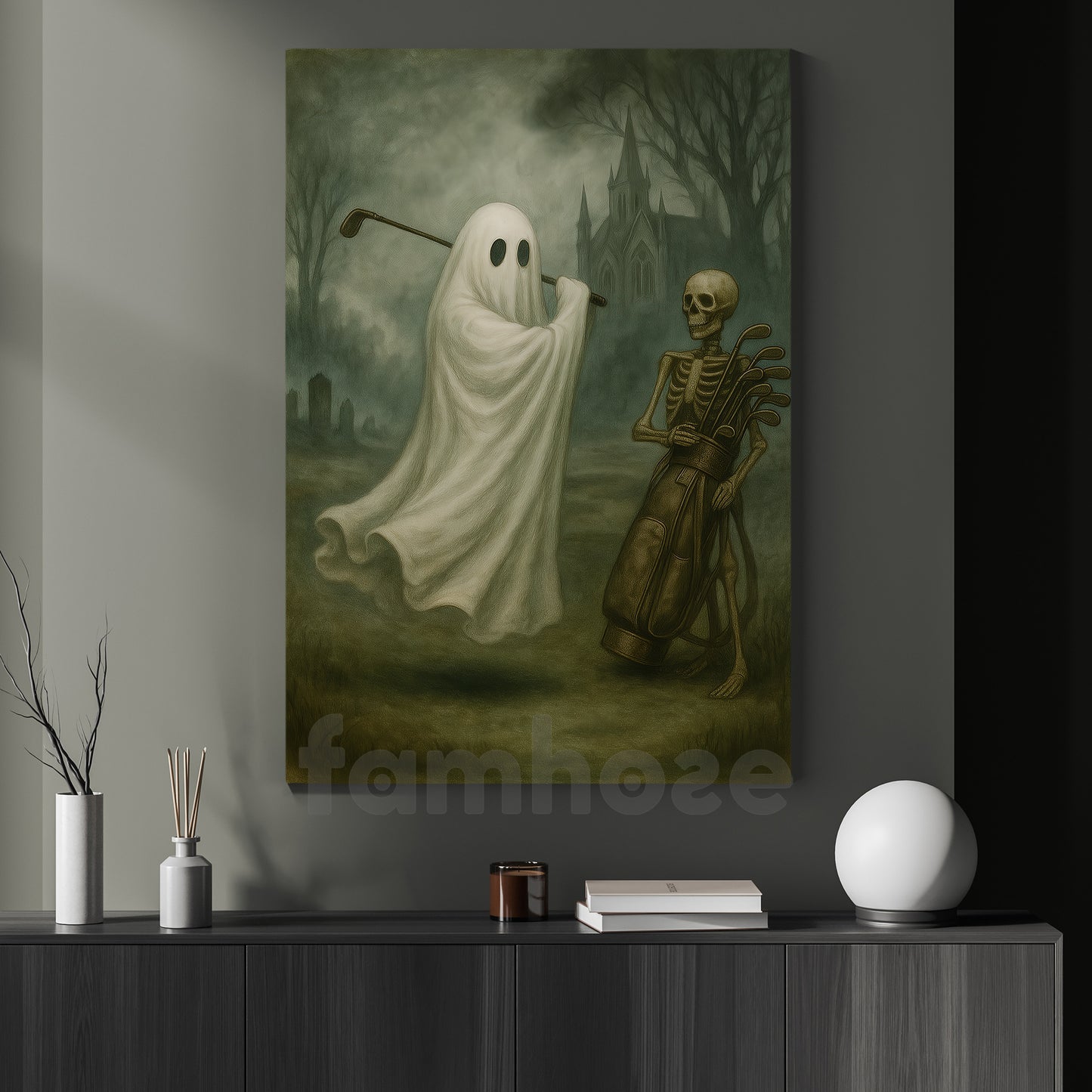 Halloween Golf Ghost Skeleton Canvas Painting, Skeleton Caddy Wall Art Decor, Spooky Season Poster Gift For Golf Lovers