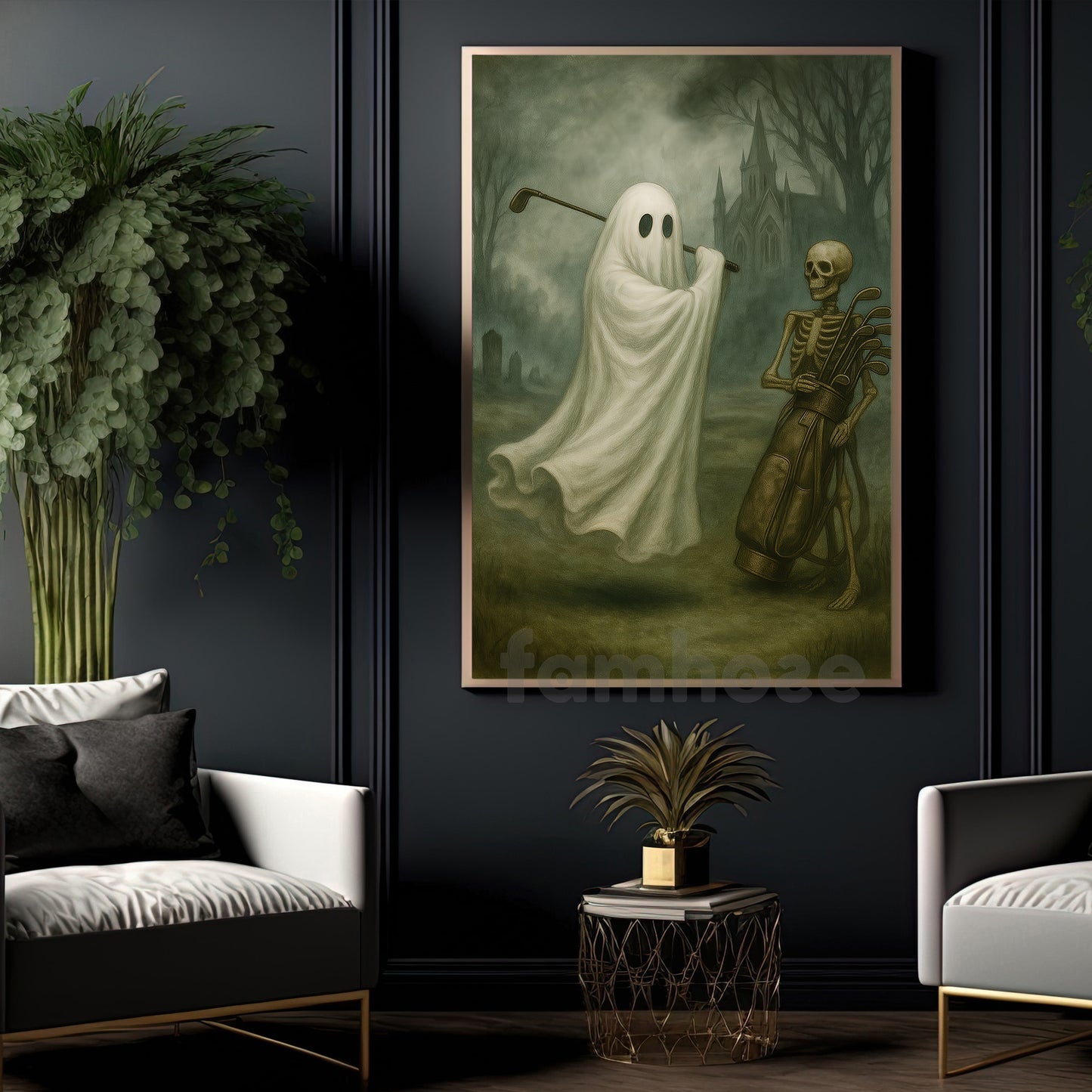 Halloween Golf Ghost Skeleton Canvas Painting, Skeleton Caddy Wall Art Decor, Spooky Season Poster Gift For Golf Lovers