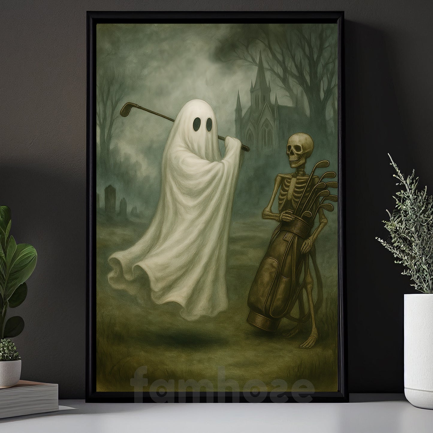 Halloween Golf Ghost Skeleton Canvas Painting, Skeleton Caddy Wall Art Decor, Spooky Season Poster Gift For Golf Lovers