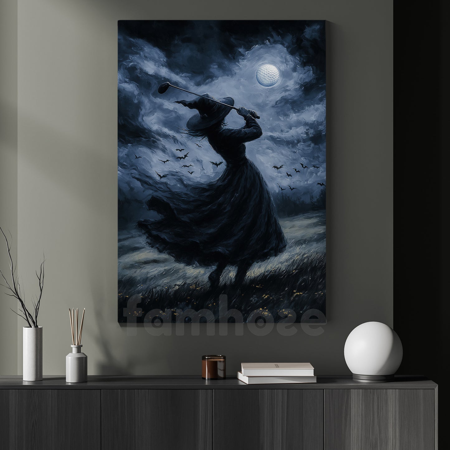 Halloween Golf Witch Canvas Painting, Night Witch Golfer Wall Art Decor, Spooky Season Poster Gift For Golf Lovers