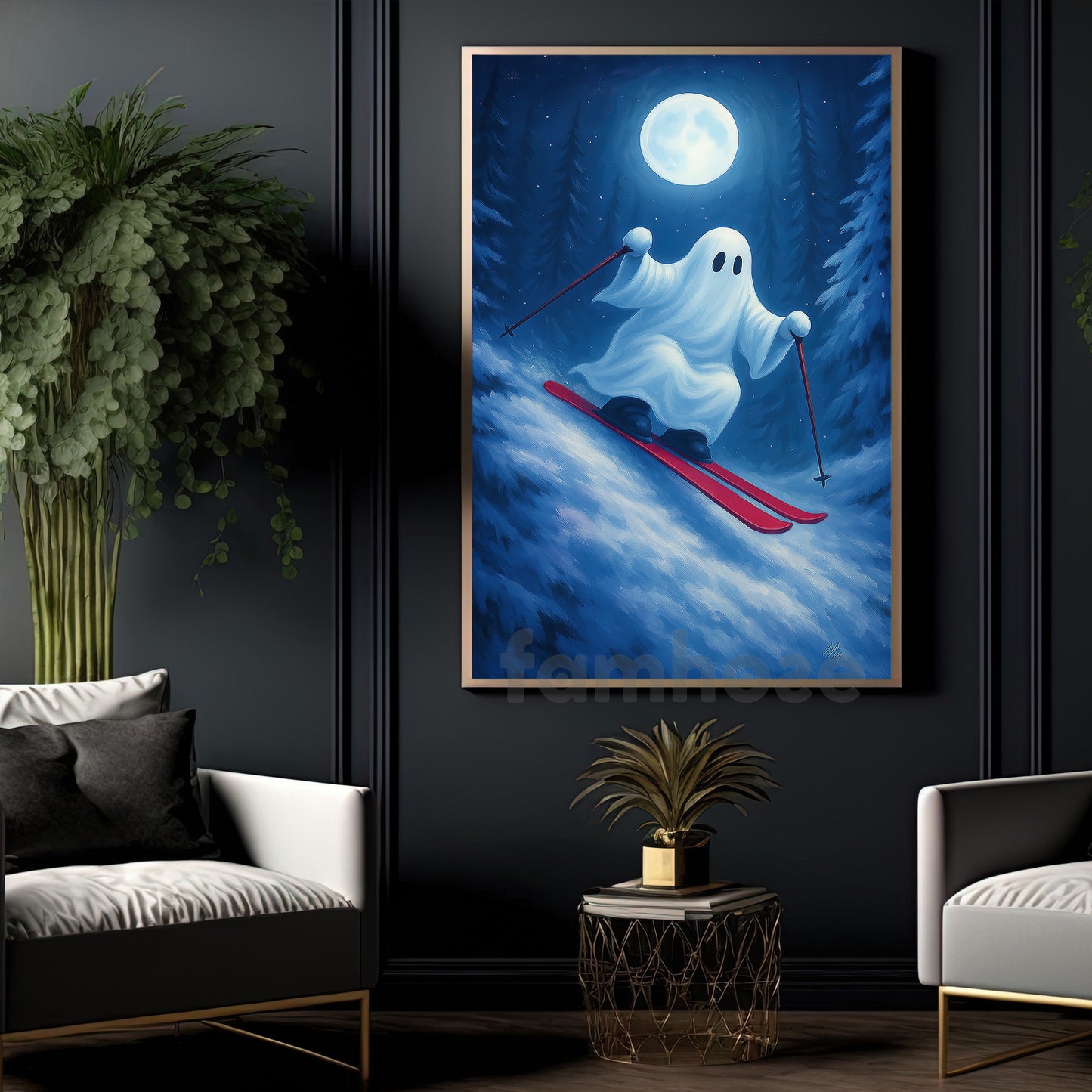 Halloween Skiing Boo Canvas Painting, Ski Of The Damned Wall Art Decor, Spooky Season Poster Gift For Skiing Lovers