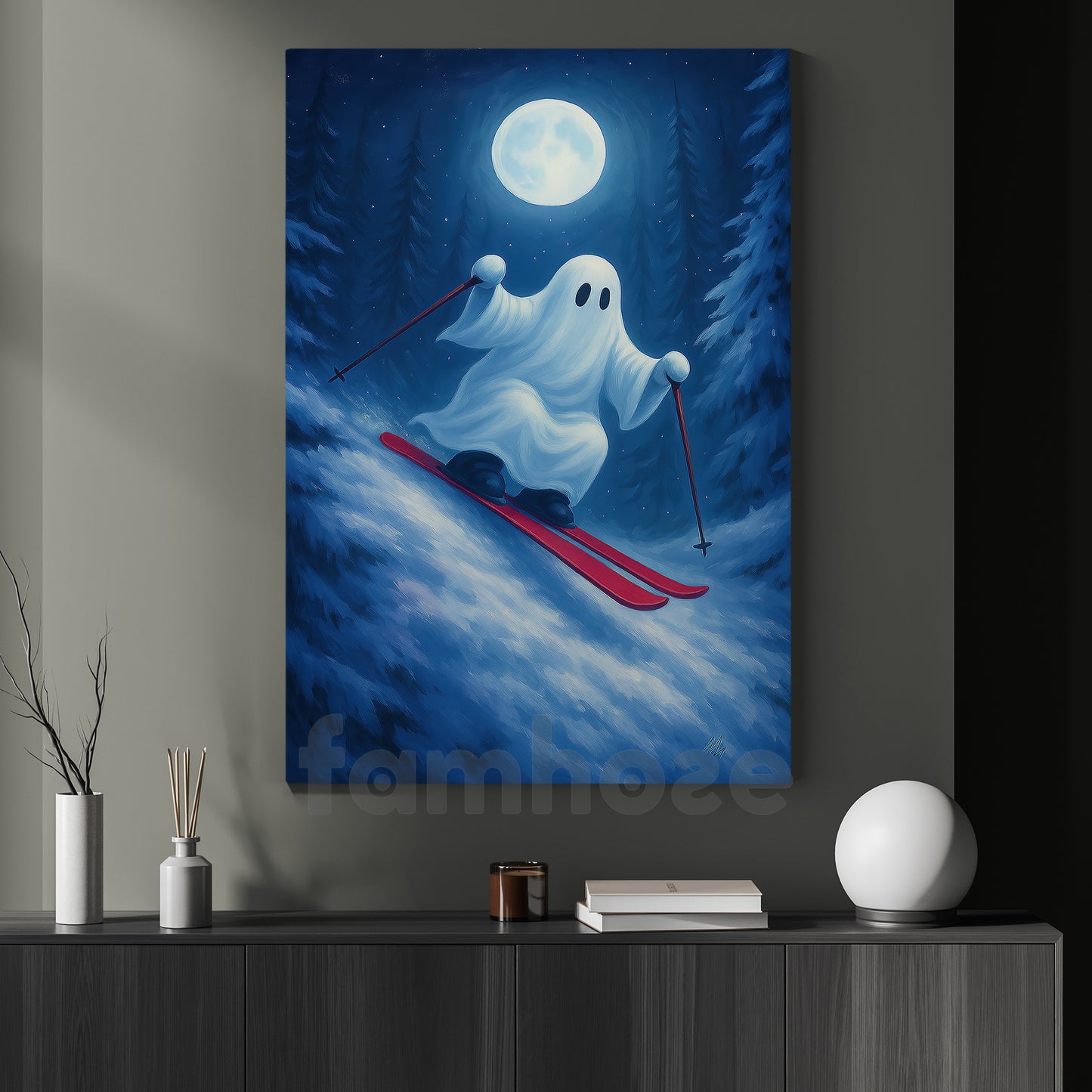 Halloween Skiing Boo Canvas Painting, Ski Of The Damned Wall Art Decor, Spooky Season Poster Gift For Skiing Lovers
