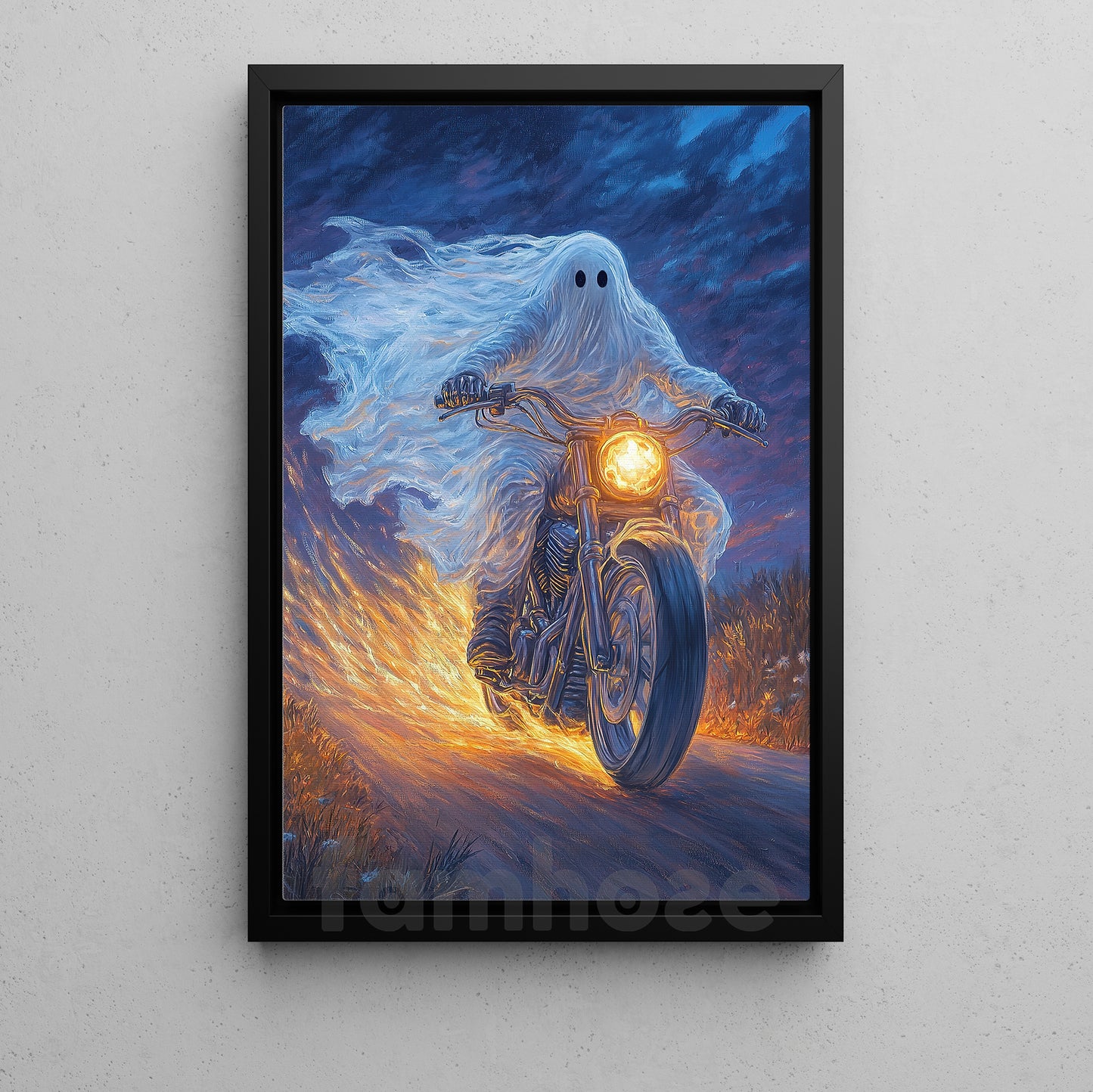 Halloween Ghost Motorcycle Canvas Painting, Phantom Rider Wall Art Decor, Spooky Season Poster Gift For Biker
