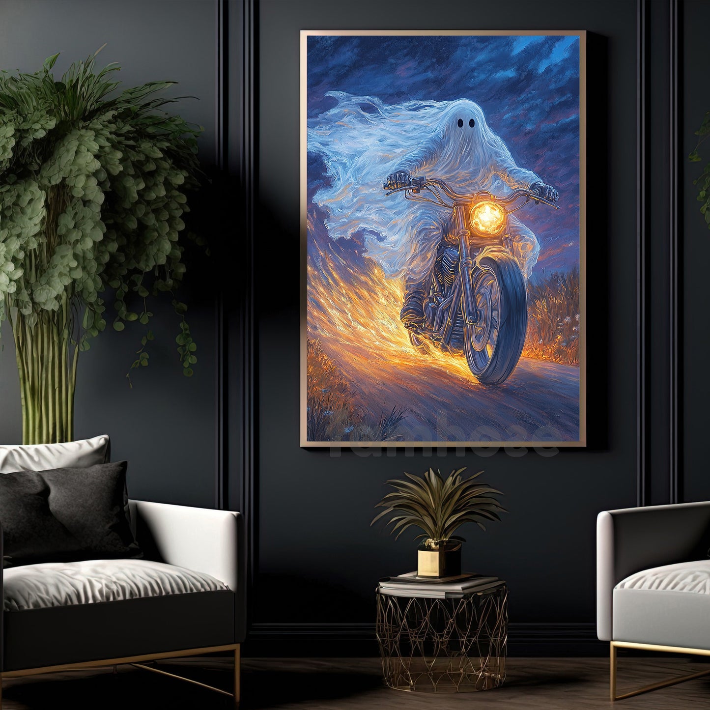 Halloween Ghost Motorcycle Canvas Painting, Phantom Rider Wall Art Decor, Spooky Season Poster Gift For Biker