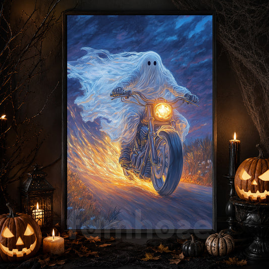 Halloween Ghost Motorcycle Canvas Painting, Phantom Rider Wall Art Decor, Spooky Season Poster Gift For Biker