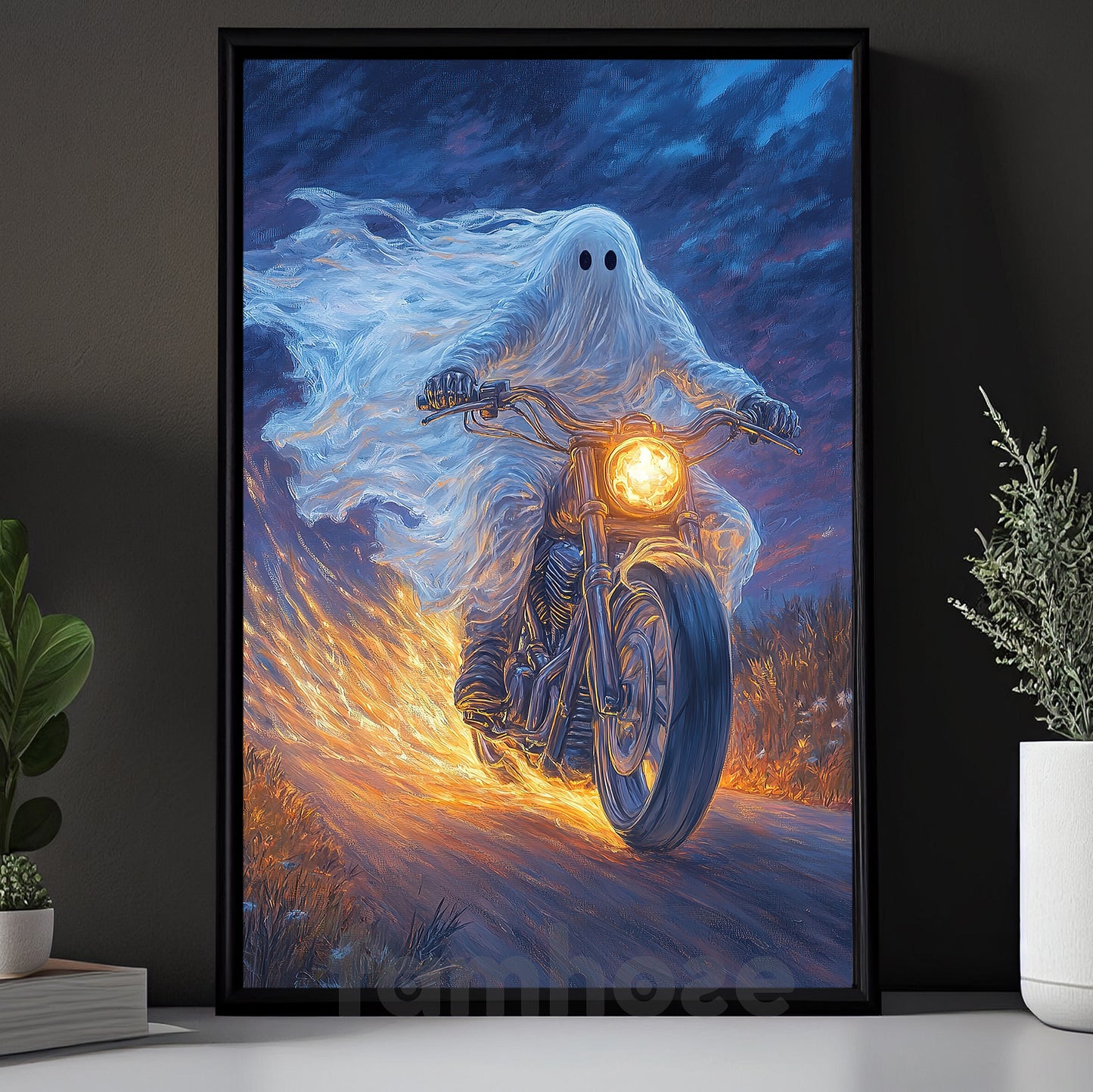 Halloween Ghost Motorcycle Canvas Painting, Phantom Rider Wall Art Decor, Spooky Season Poster Gift For Biker