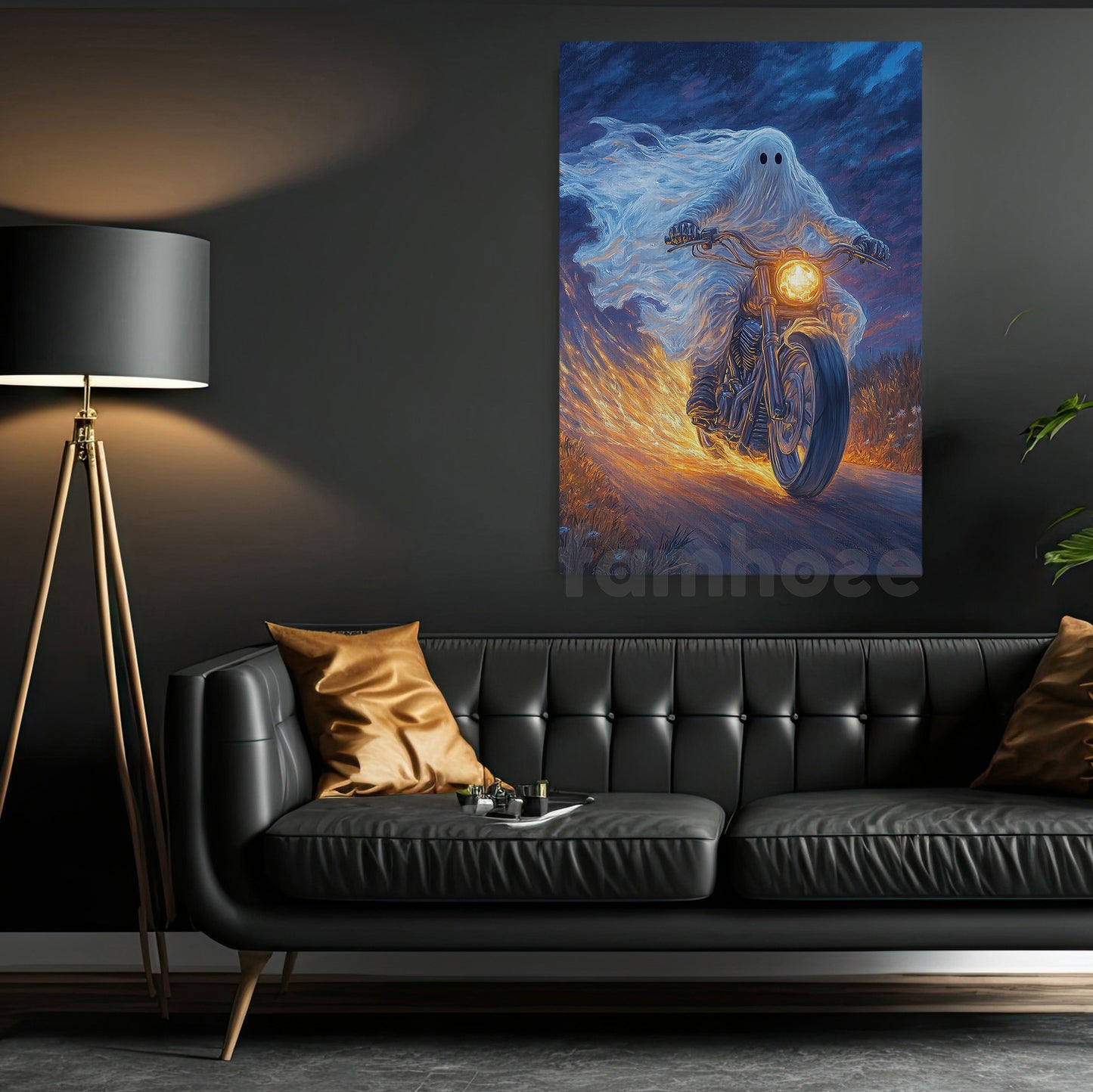 Halloween Ghost Motorcycle Canvas Painting, Phantom Rider Wall Art Decor, Spooky Season Poster Gift For Biker