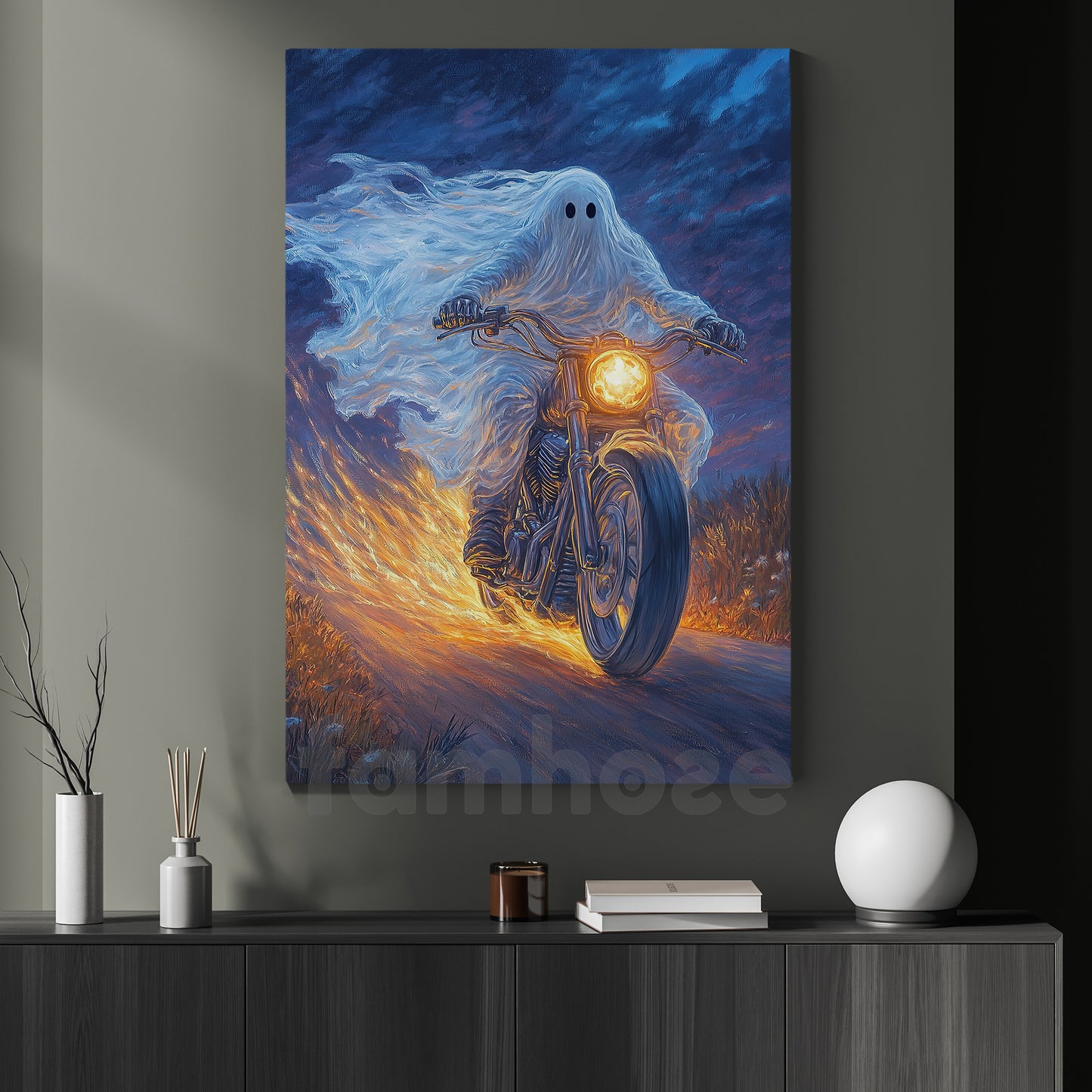 Halloween Ghost Motorcycle Canvas Painting, Phantom Rider Wall Art Decor, Spooky Season Poster Gift For Biker