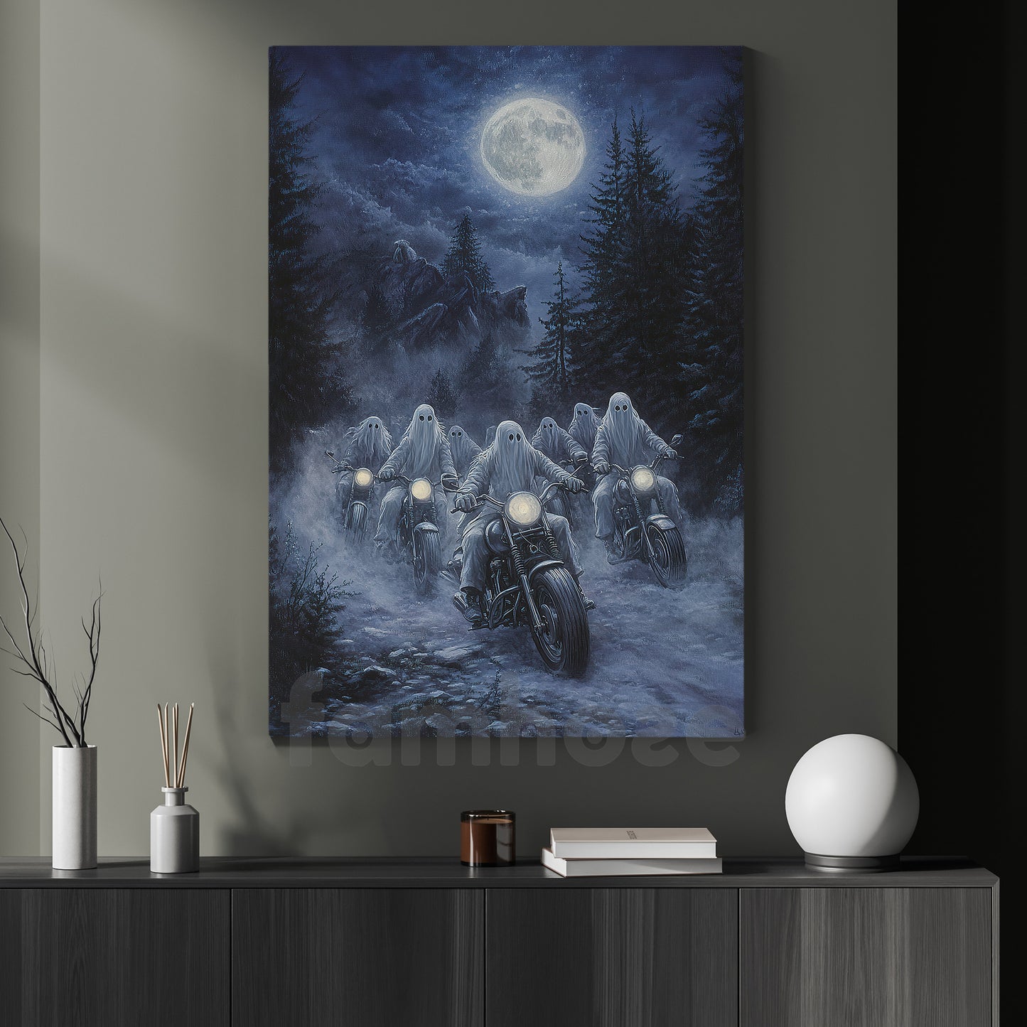 Halloween Ghost Motorcycle Canvas Painting, Ghost Rally Wall Art Decor, Spooky Season Poster Gift For Biker