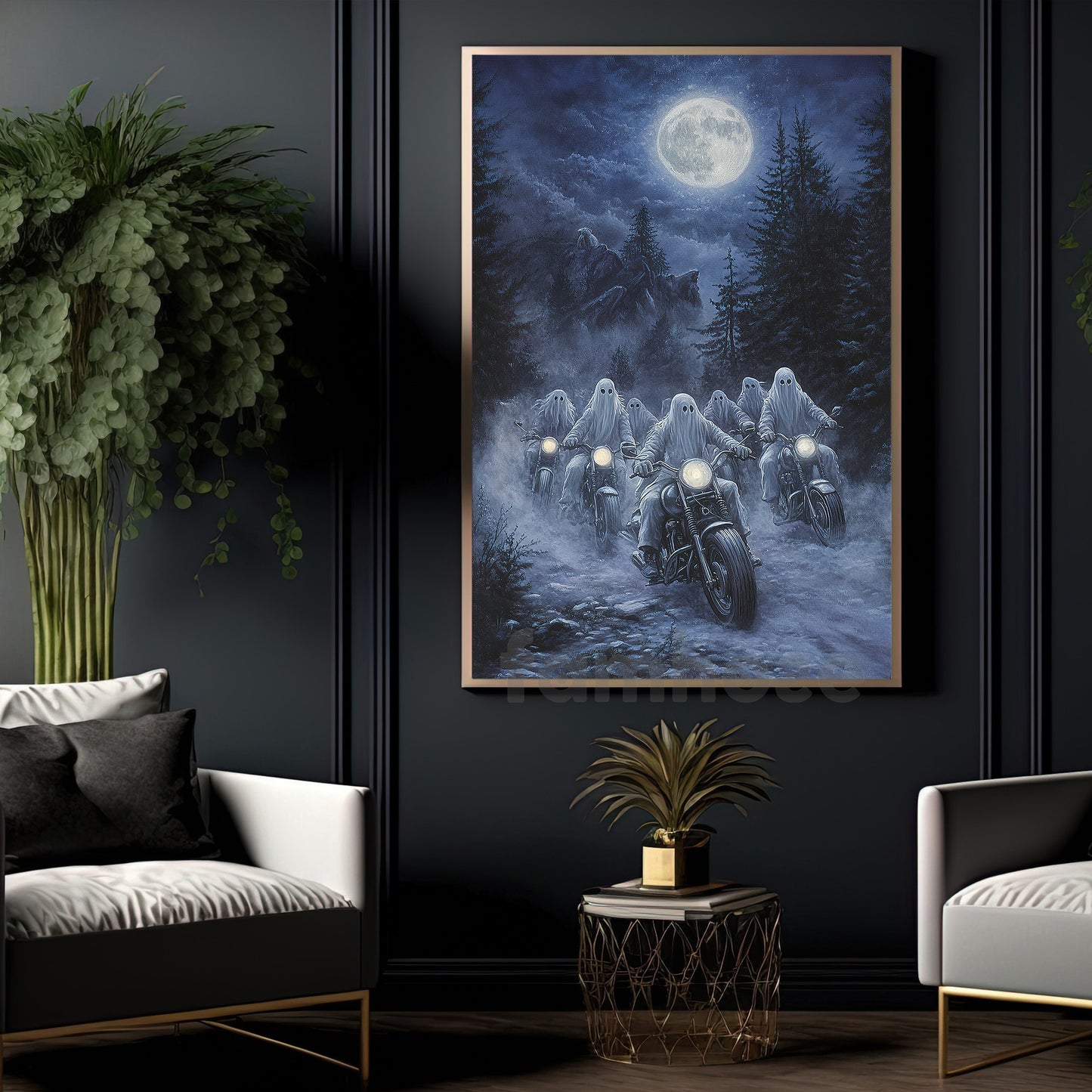 Halloween Ghost Motorcycle Canvas Painting, Ghost Rally Wall Art Decor, Spooky Season Poster Gift For Biker
