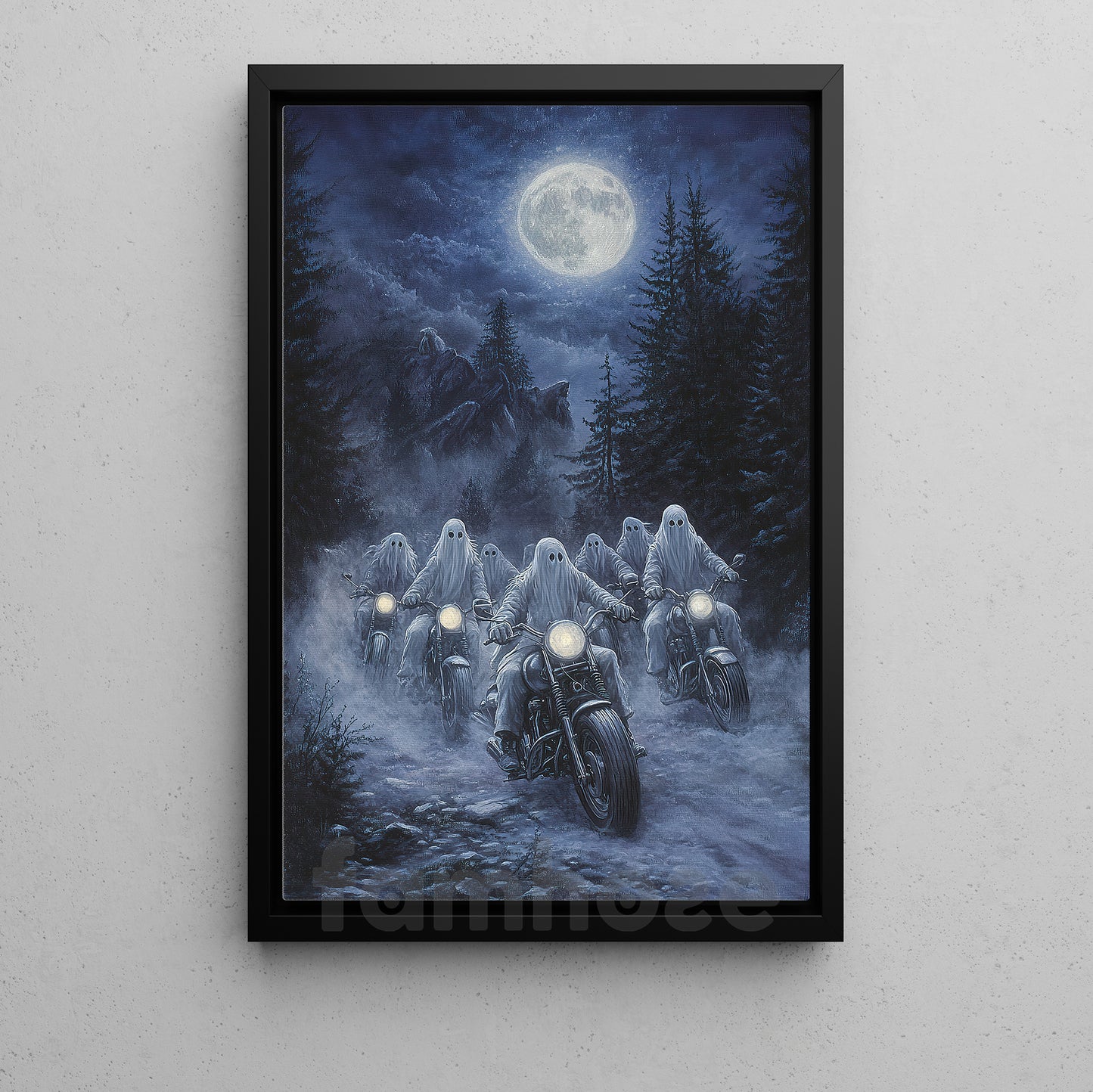 Halloween Ghost Motorcycle Canvas Painting, Ghost Rally Wall Art Decor, Spooky Season Poster Gift For Biker