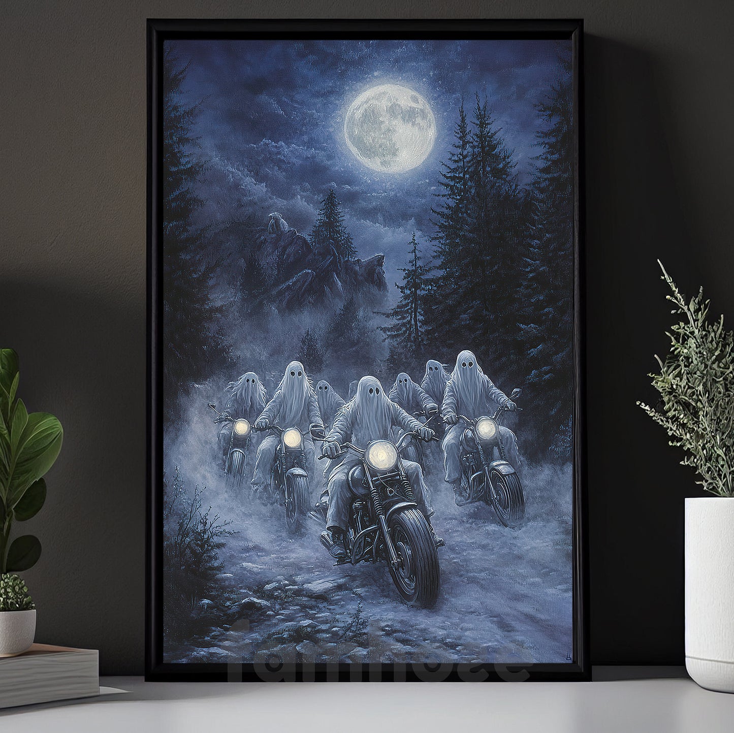 Halloween Ghost Motorcycle Canvas Painting, Ghost Rally Wall Art Decor, Spooky Season Poster Gift For Biker