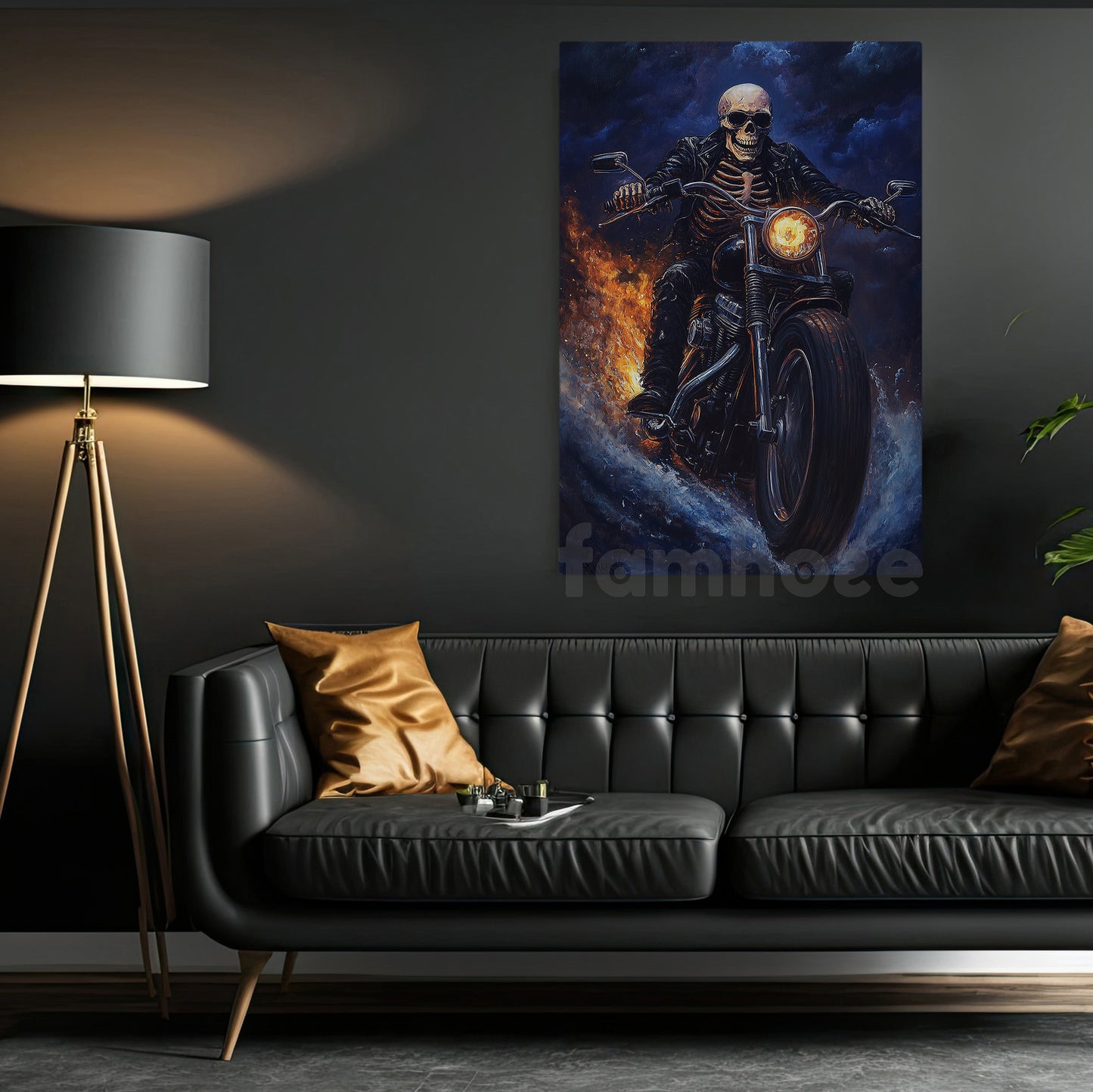 Halloween Skeleton Motorcycle Canvas Painting, Bone Rider Wall Art Decor, Spooky Season Poster Gift For Biker