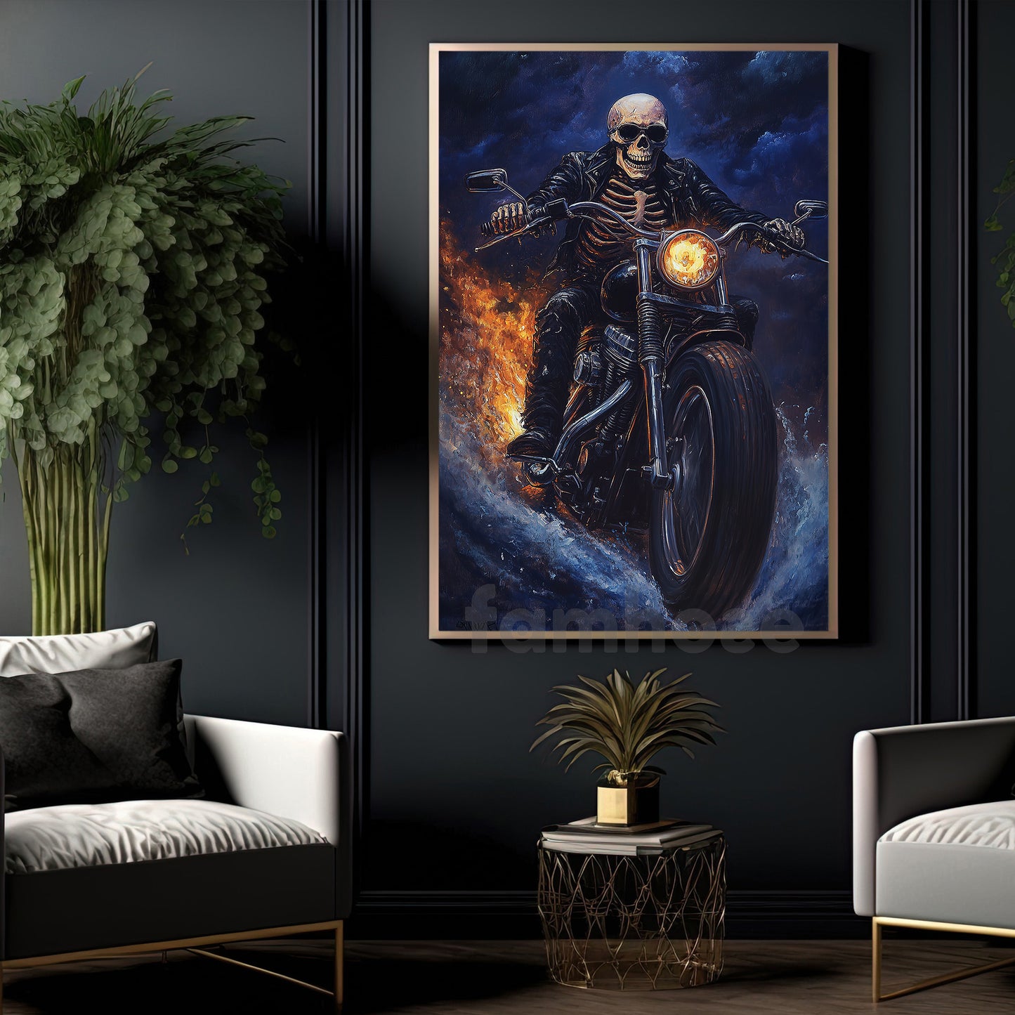 Halloween Skeleton Motorcycle Canvas Painting, Bone Rider Wall Art Decor, Spooky Season Poster Gift For Biker