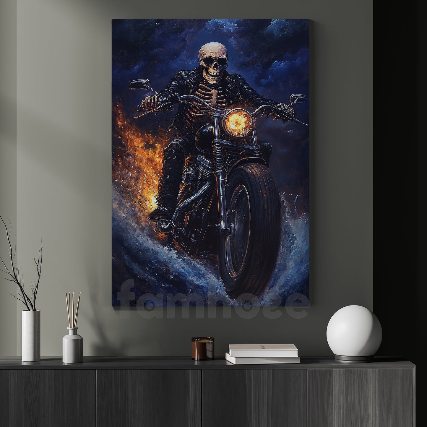 Halloween Skeleton Motorcycle Canvas Painting, Bone Rider Wall Art Decor, Spooky Season Poster Gift For Biker