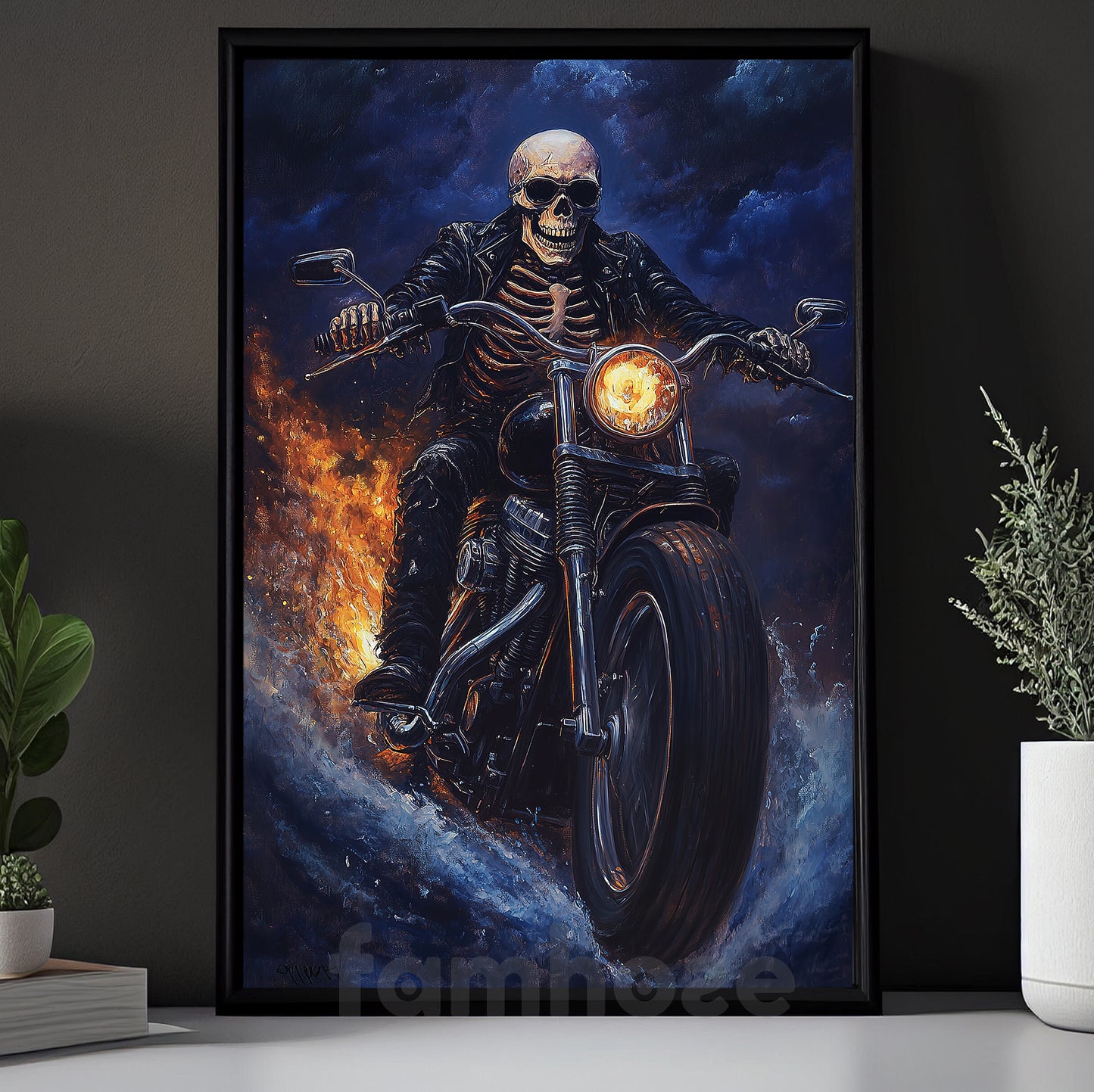 Halloween Skeleton Motorcycle Canvas Painting, Bone Rider Wall Art Decor, Spooky Season Poster Gift For Biker