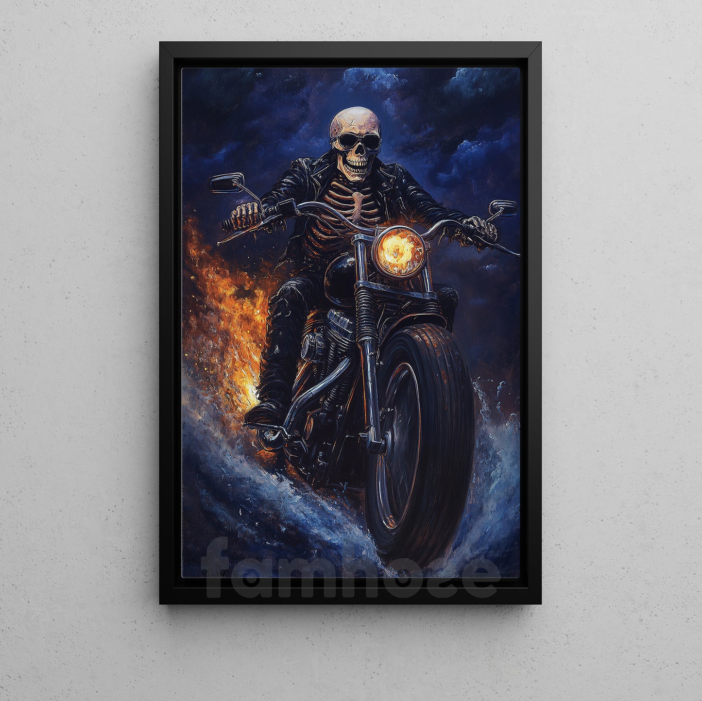 Halloween Skeleton Motorcycle Canvas Painting, Bone Rider Wall Art Decor, Spooky Season Poster Gift For Biker