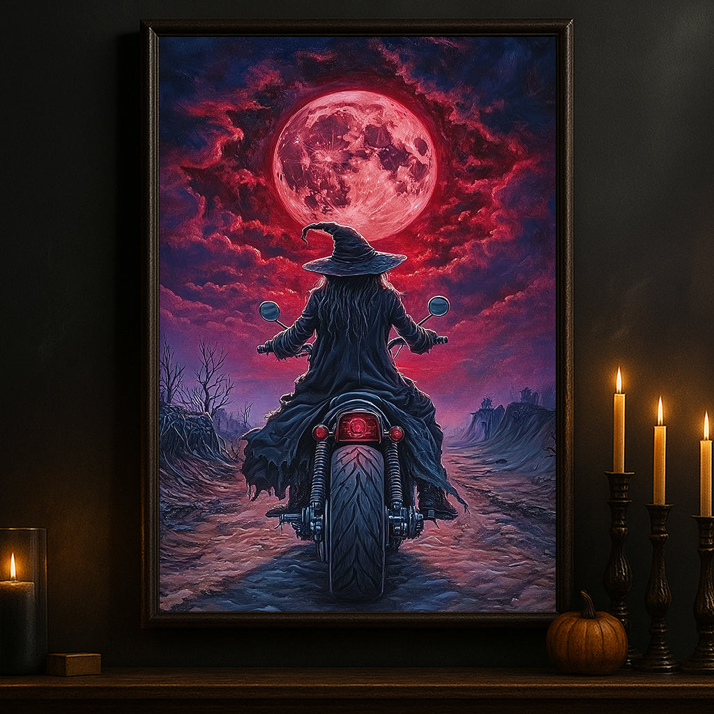 Halloween Witch Motocycle Canvas Painting, Witch Of The Wasteland Wall Art Decor, Spooky Season Poster Gift For Biker