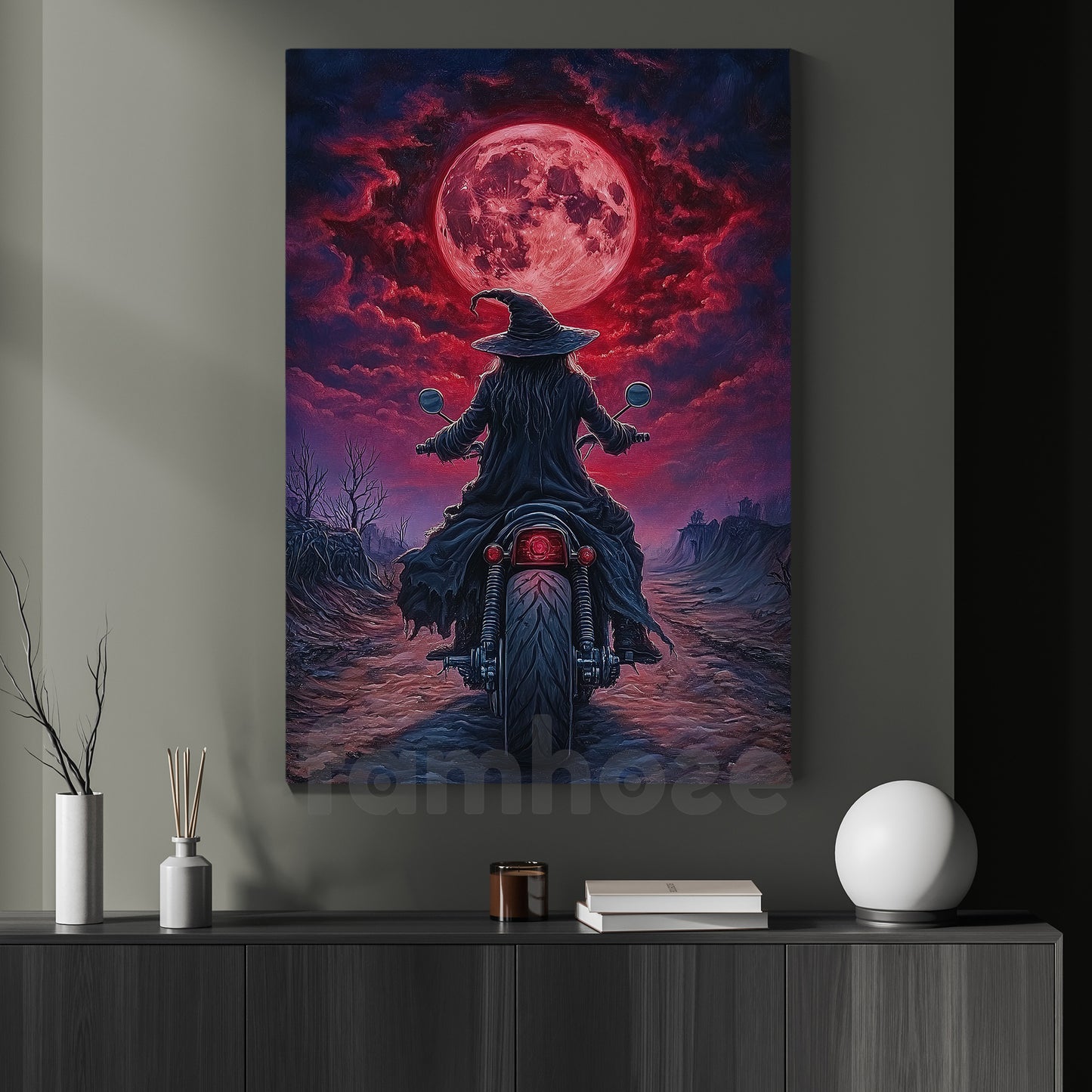 Halloween Witch Motocycle Canvas Painting, Witch Of The Wasteland Wall Art Decor, Spooky Season Poster Gift For Biker
