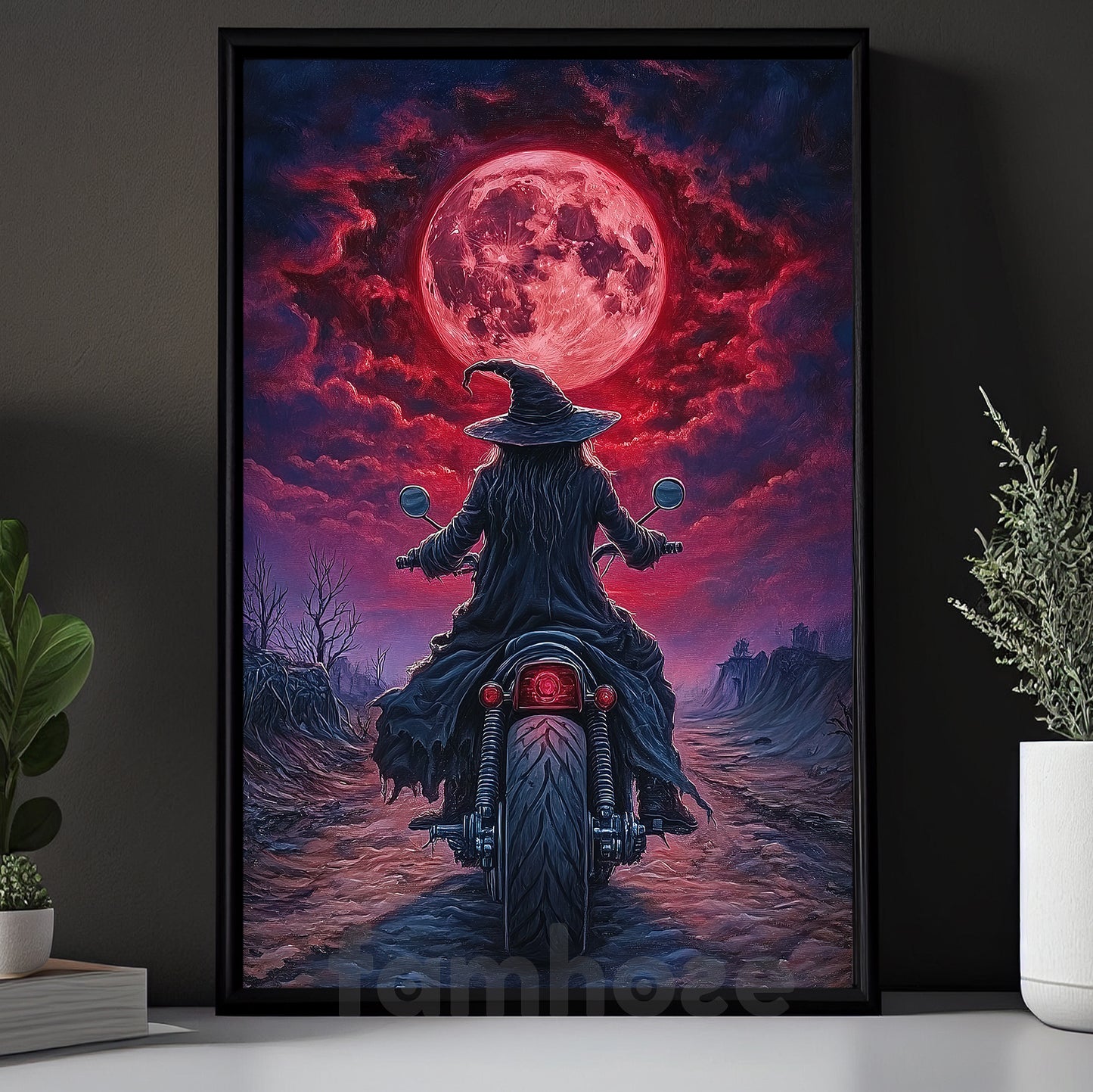Halloween Witch Motocycle Canvas Painting, Witch Of The Wasteland Wall Art Decor, Spooky Season Poster Gift For Biker