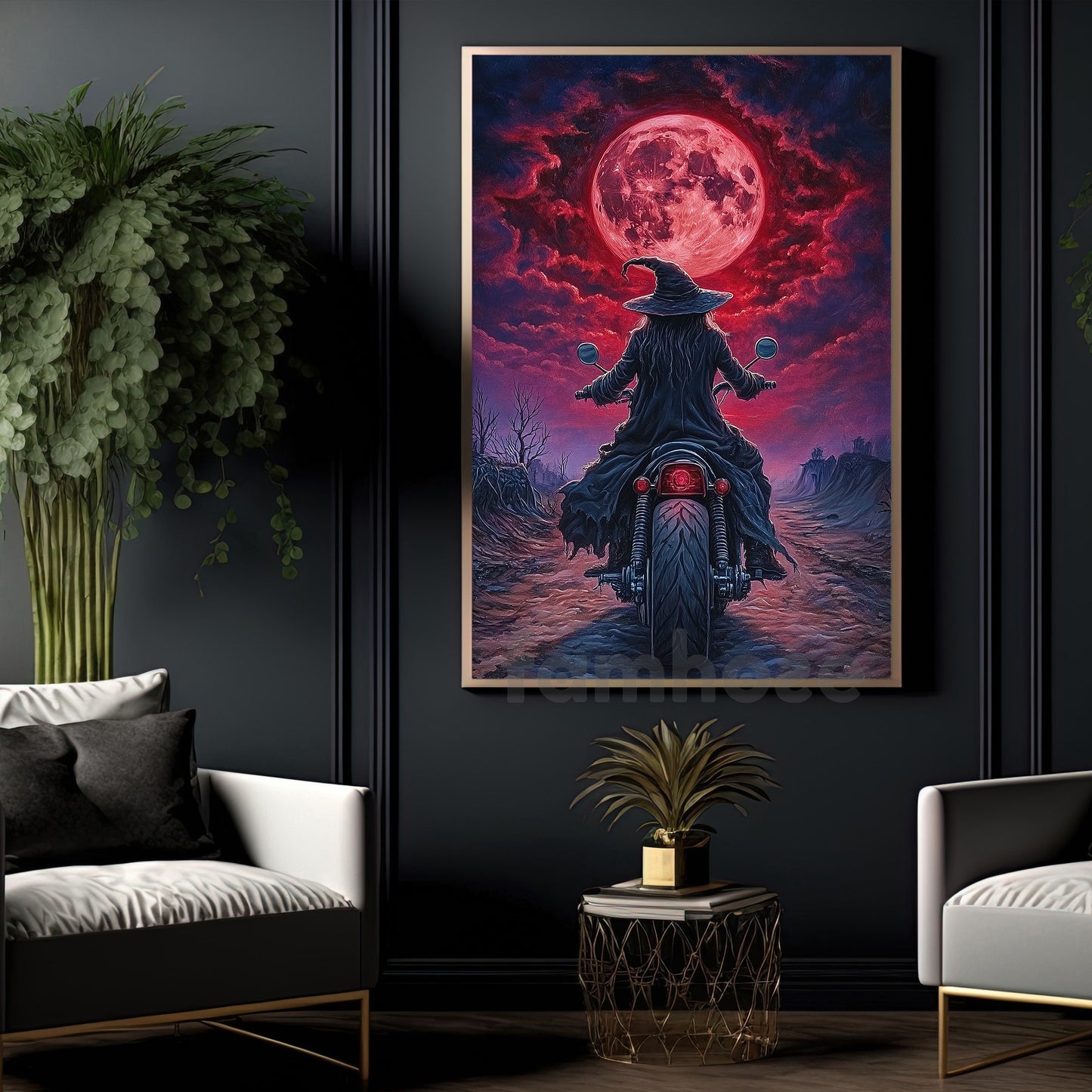 Halloween Witch Motocycle Canvas Painting, Witch Of The Wasteland Wall Art Decor, Spooky Season Poster Gift For Biker