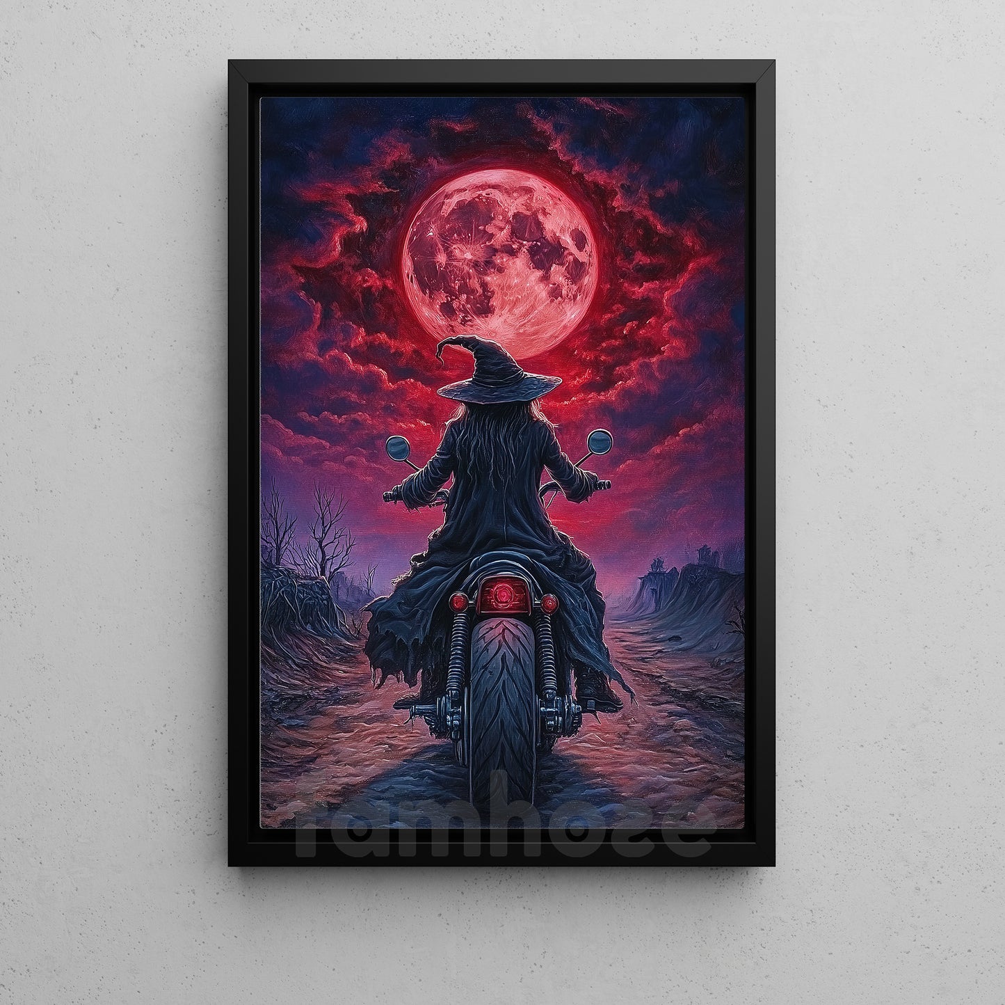 Halloween Witch Motocycle Canvas Painting, Witch Of The Wasteland Wall Art Decor, Spooky Season Poster Gift For Biker