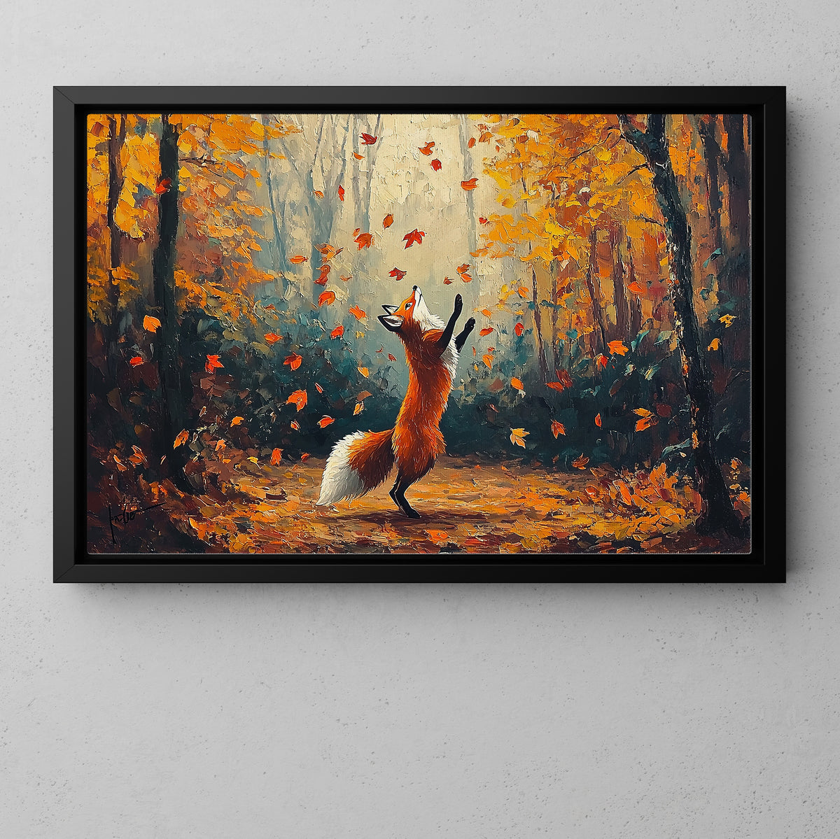 Whimsical Autumn Fox Canvas Painting, Dancing Fox In Fall Forest Wall Art Decor, Poster Gift For Fox Lovers