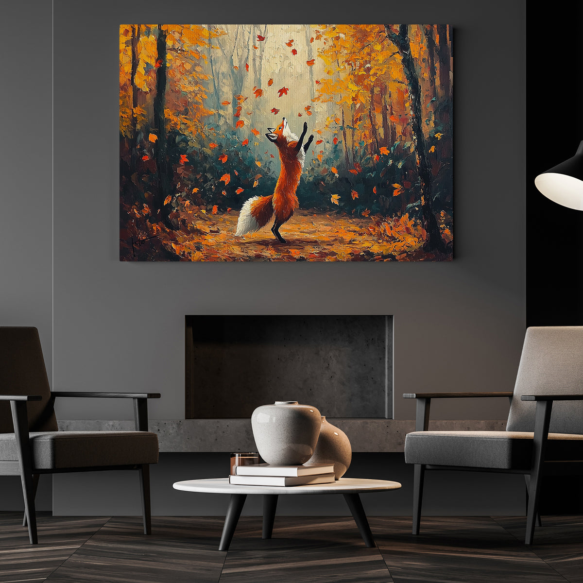 Whimsical Autumn Fox Canvas Painting, Dancing Fox In Fall Forest Wall Art Decor, Poster Gift For Fox Lovers