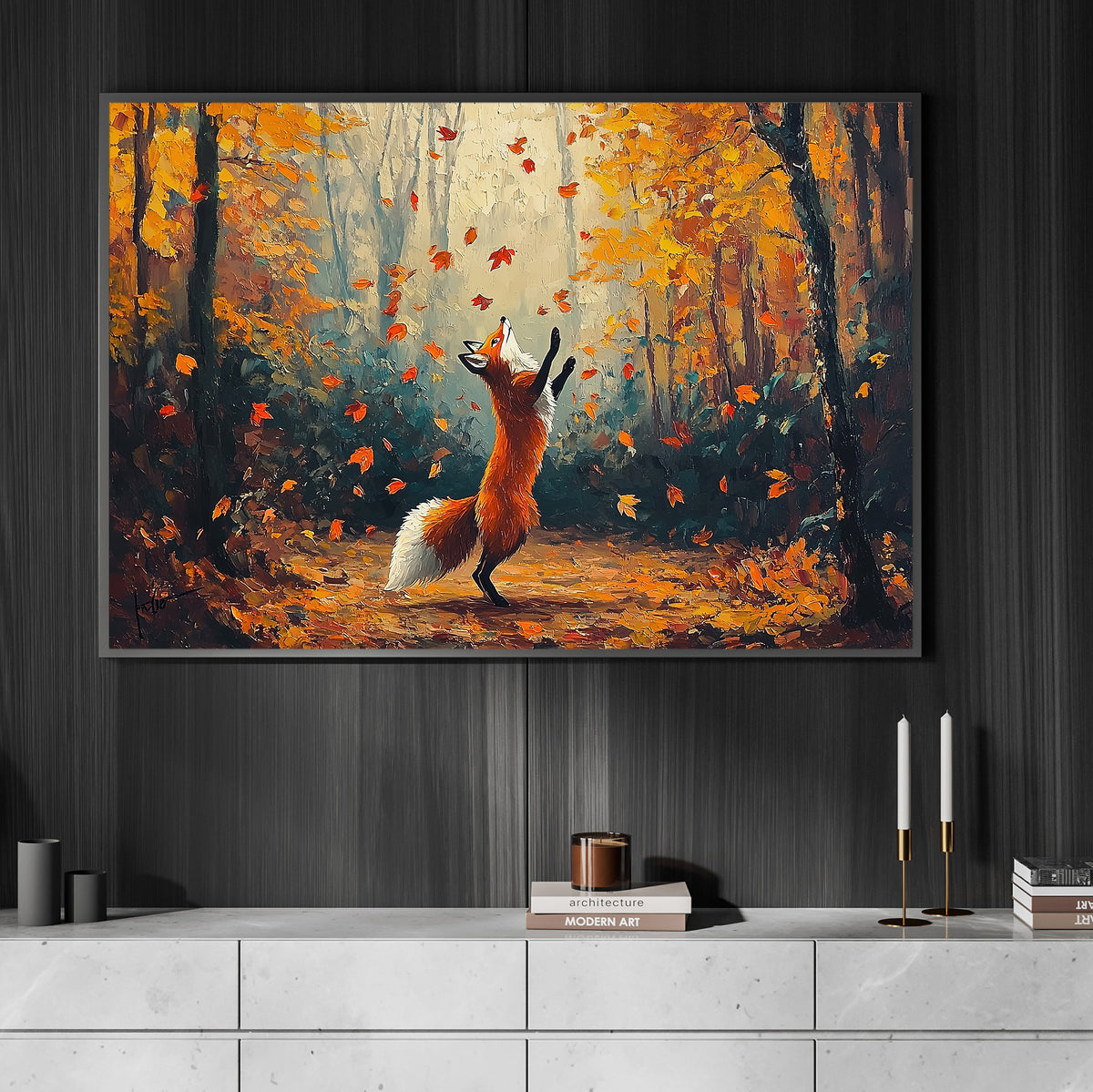 Whimsical Autumn Fox Canvas Painting, Dancing Fox In Fall Forest Wall Art Decor, Poster Gift For Fox Lovers