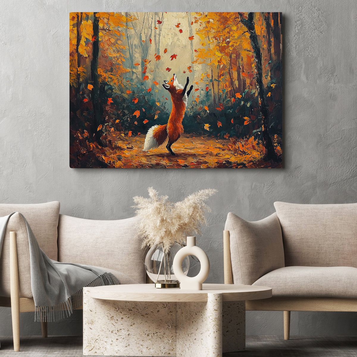 Whimsical Autumn Fox Canvas Painting, Dancing Fox In Fall Forest Wall Art Decor, Poster Gift For Fox Lovers