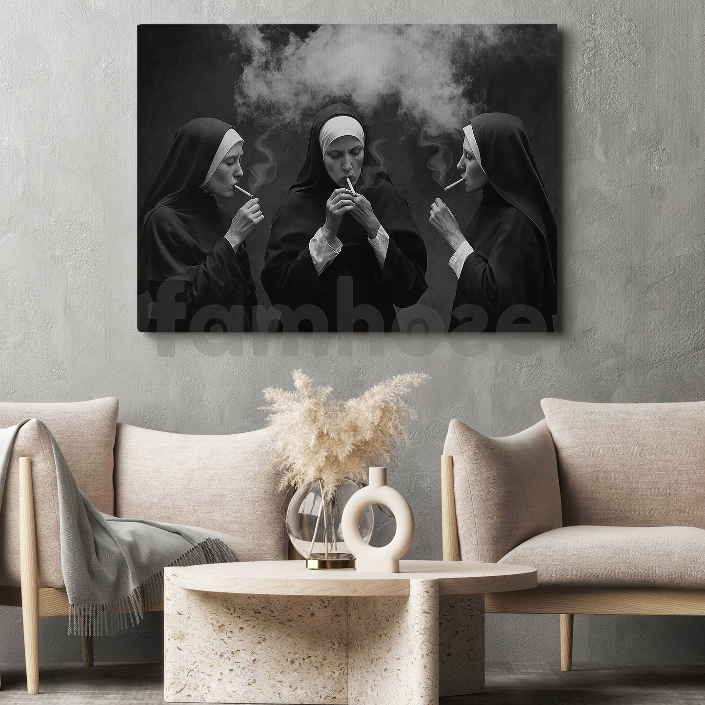 Funny Nun Canvas Painting, Smoking Nuns Dark Humor Wall Art Decor, Poster Gift For Nun Lovers